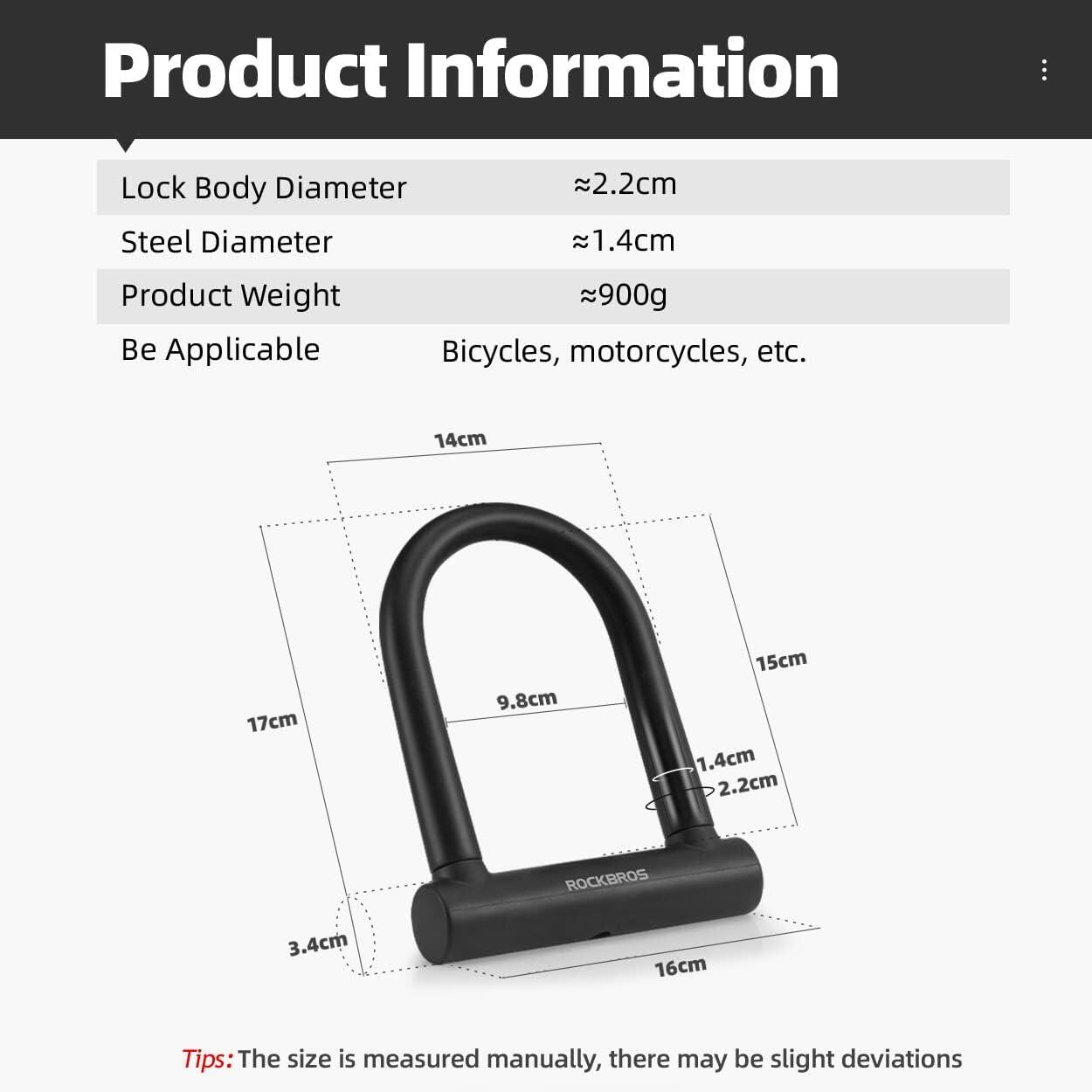 ROCKBROS Antivol en U de Vélo 3 Clés Cadenas Vélo Avec Support Serrure 7/8