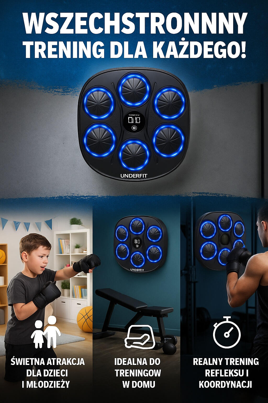 Elektroniczna tarcza bokserska UNDERFIT Fighter bluetooth z muzyką i rękawicami 6/8