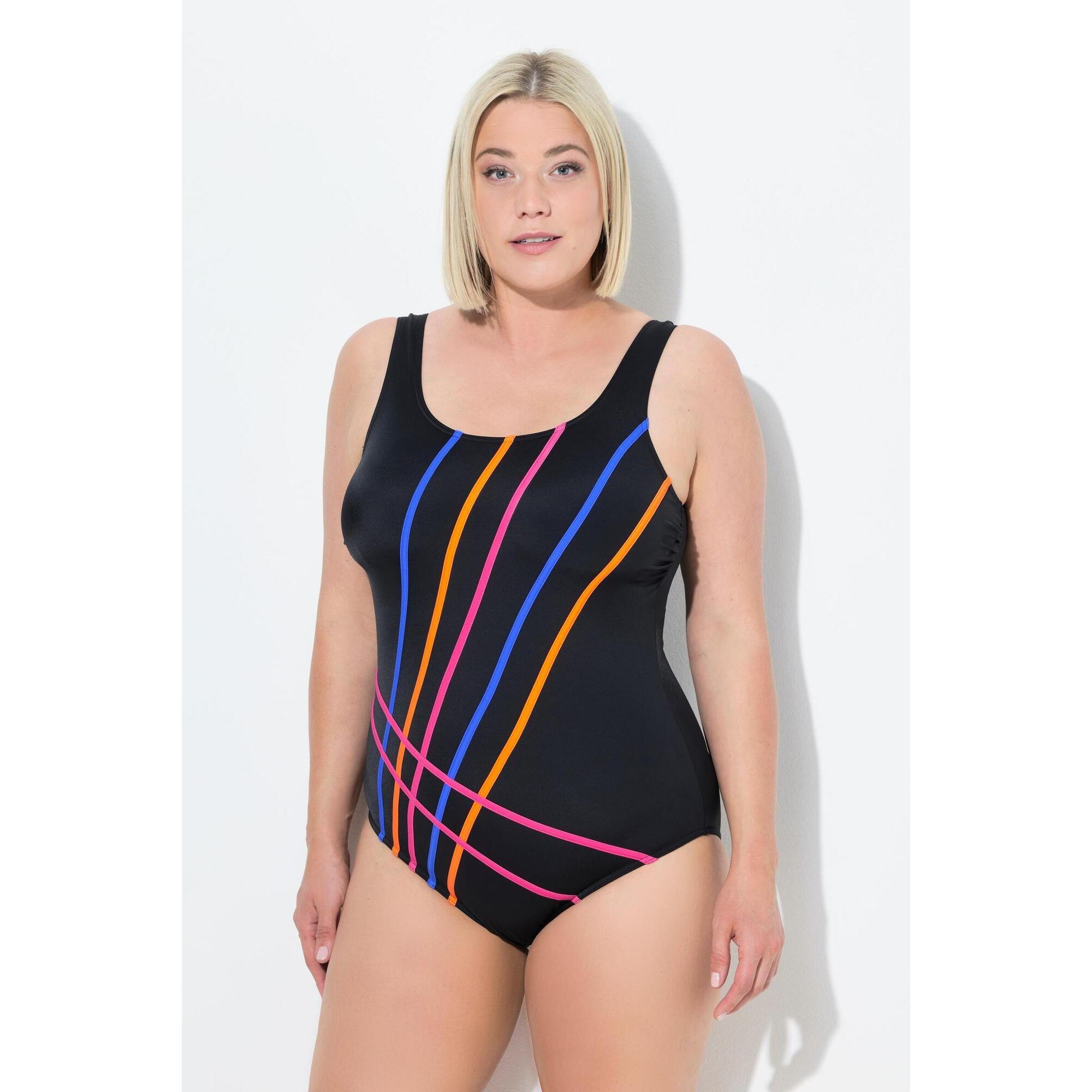 Ulla Popken - Femme Maillot De Bain Sans Bonnets Souples Décolleté Rond Bandes Colorées - Maillot De Bain 1 Pièce - Noir - 44 L - Decathlon