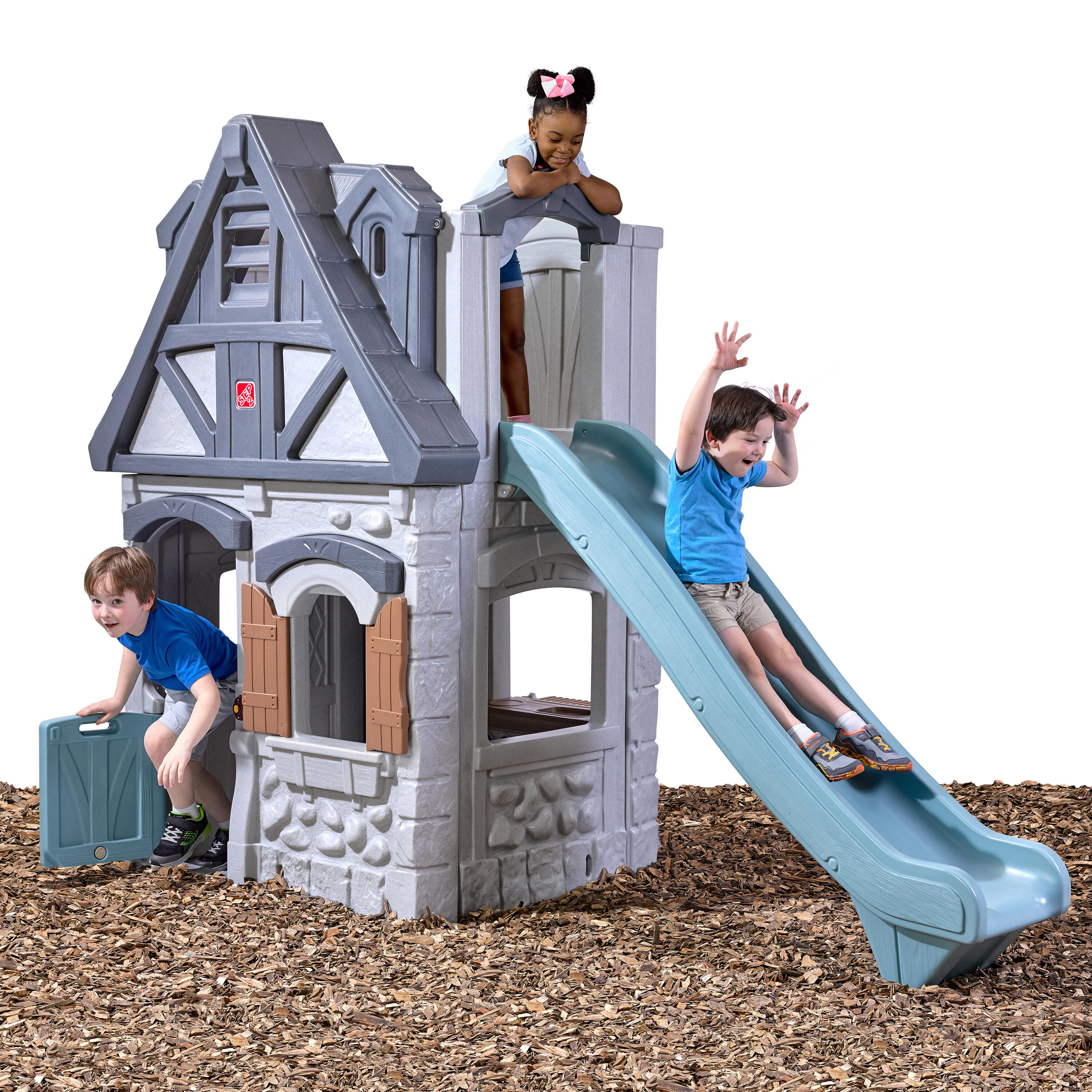 Maisonnette enfant avec Toboggan, Enchanting Adventures, Grise/Bleue 3/7