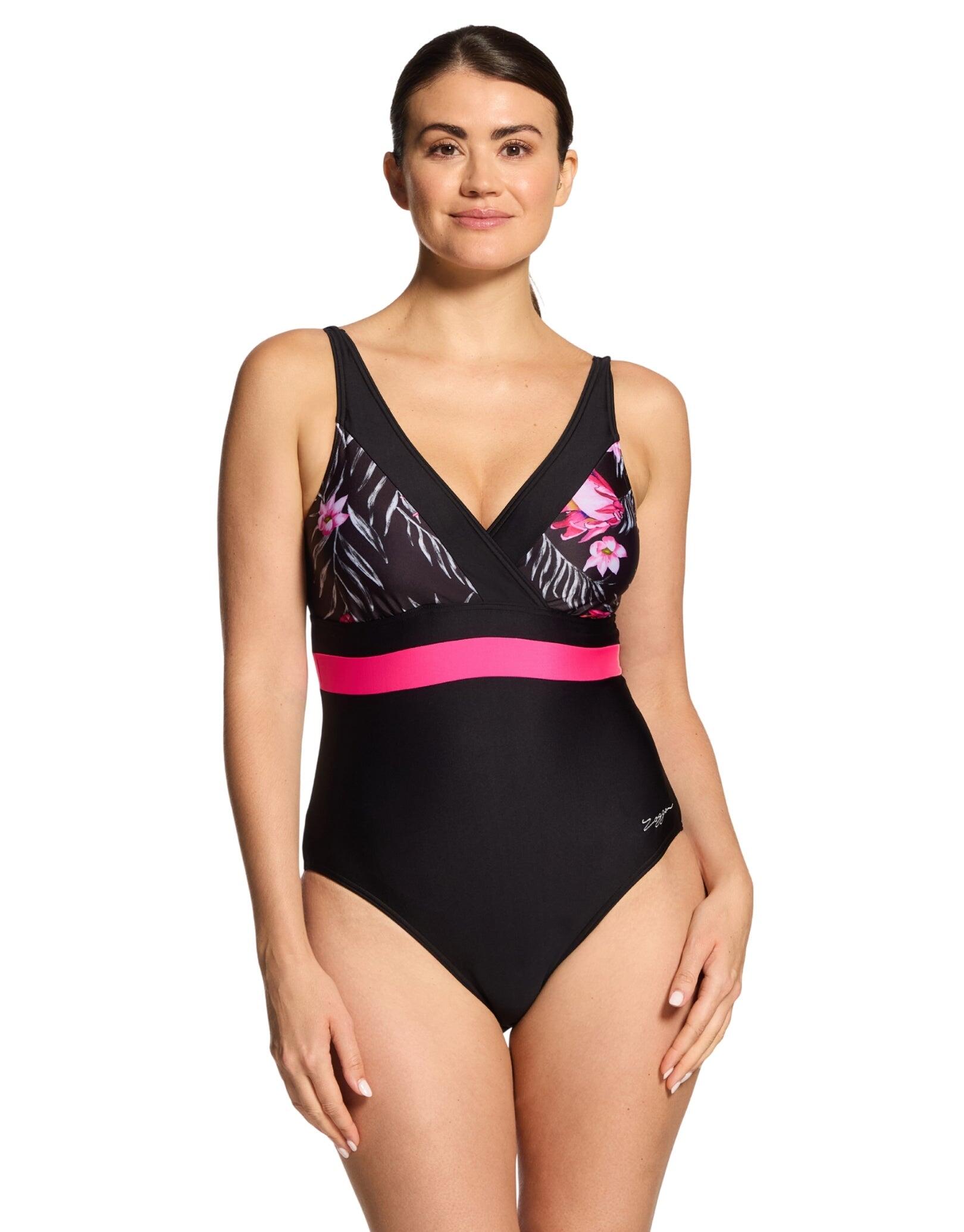 ZOGGS Zoggs Safari Leaf Squareback Swimsuit - Black/Pink