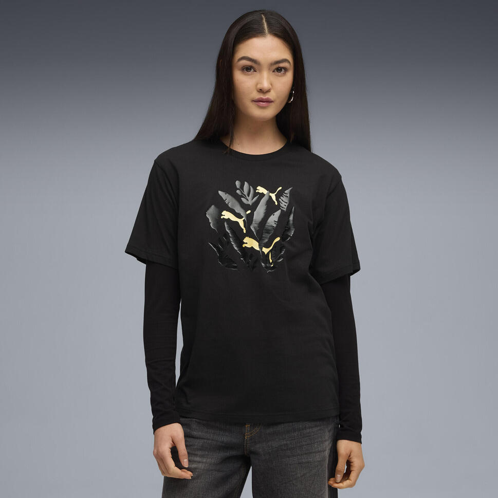 Damska koszulka o luźnym kroju z grafiką liści PUMA Black
