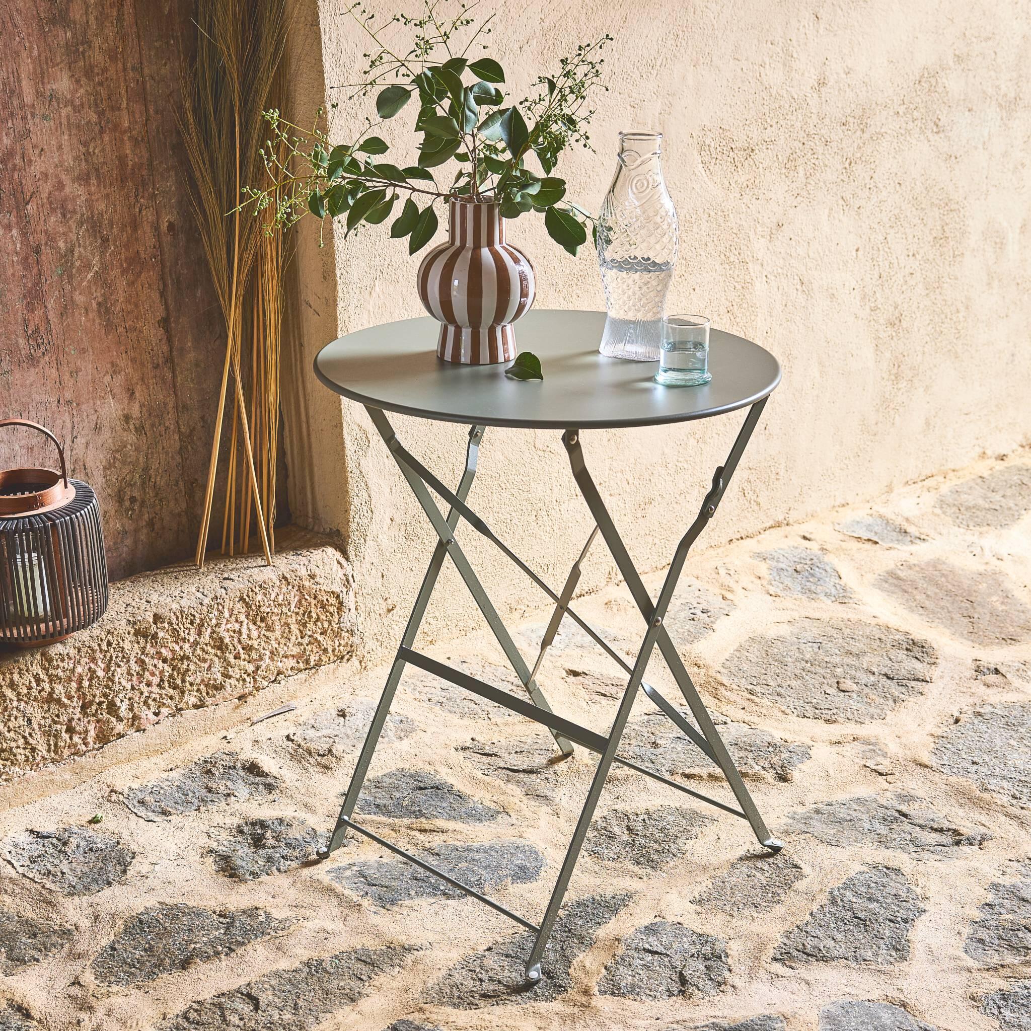Mesa de jardim bistrô dobrável em metal 60cm, 2 lugares, Verde caqui 2/5