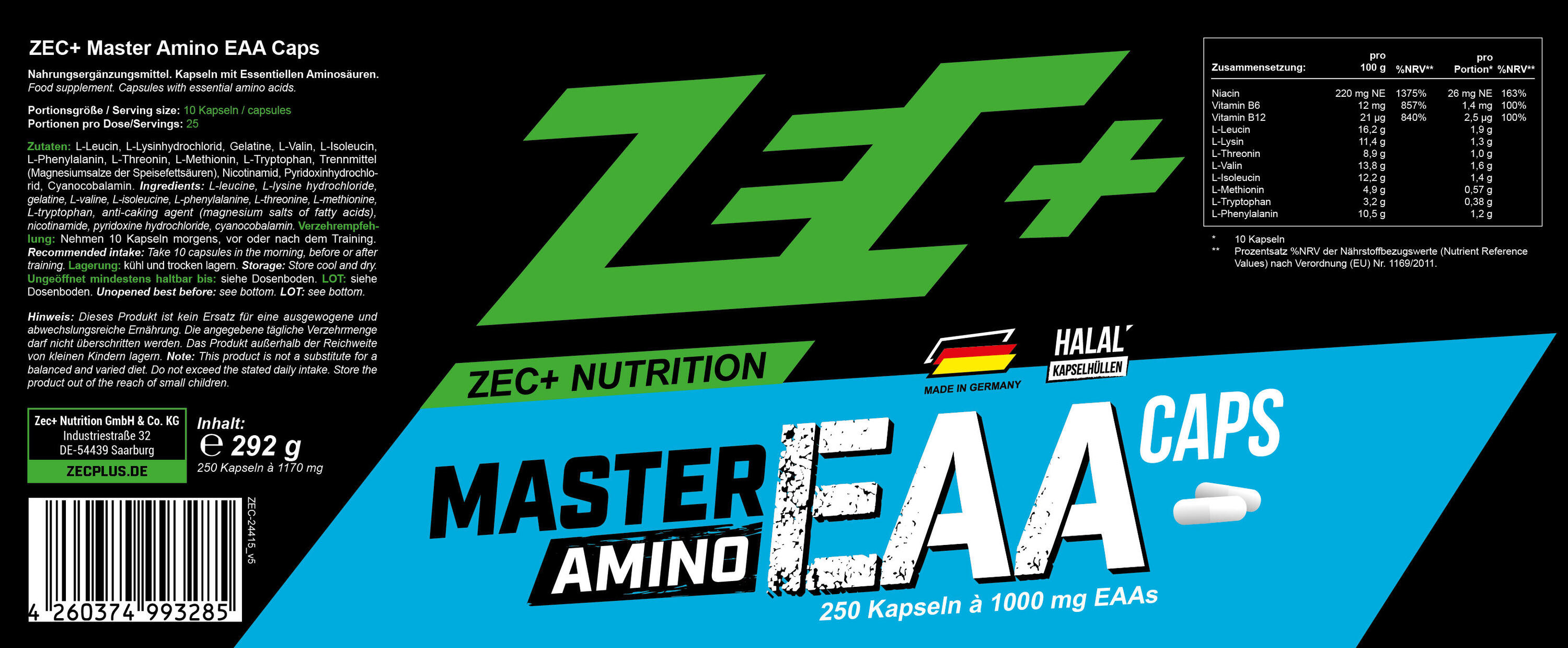 Zec+ Amino EAA (250 Caps) Unflavored - Acides aminés - EAA 4/4
