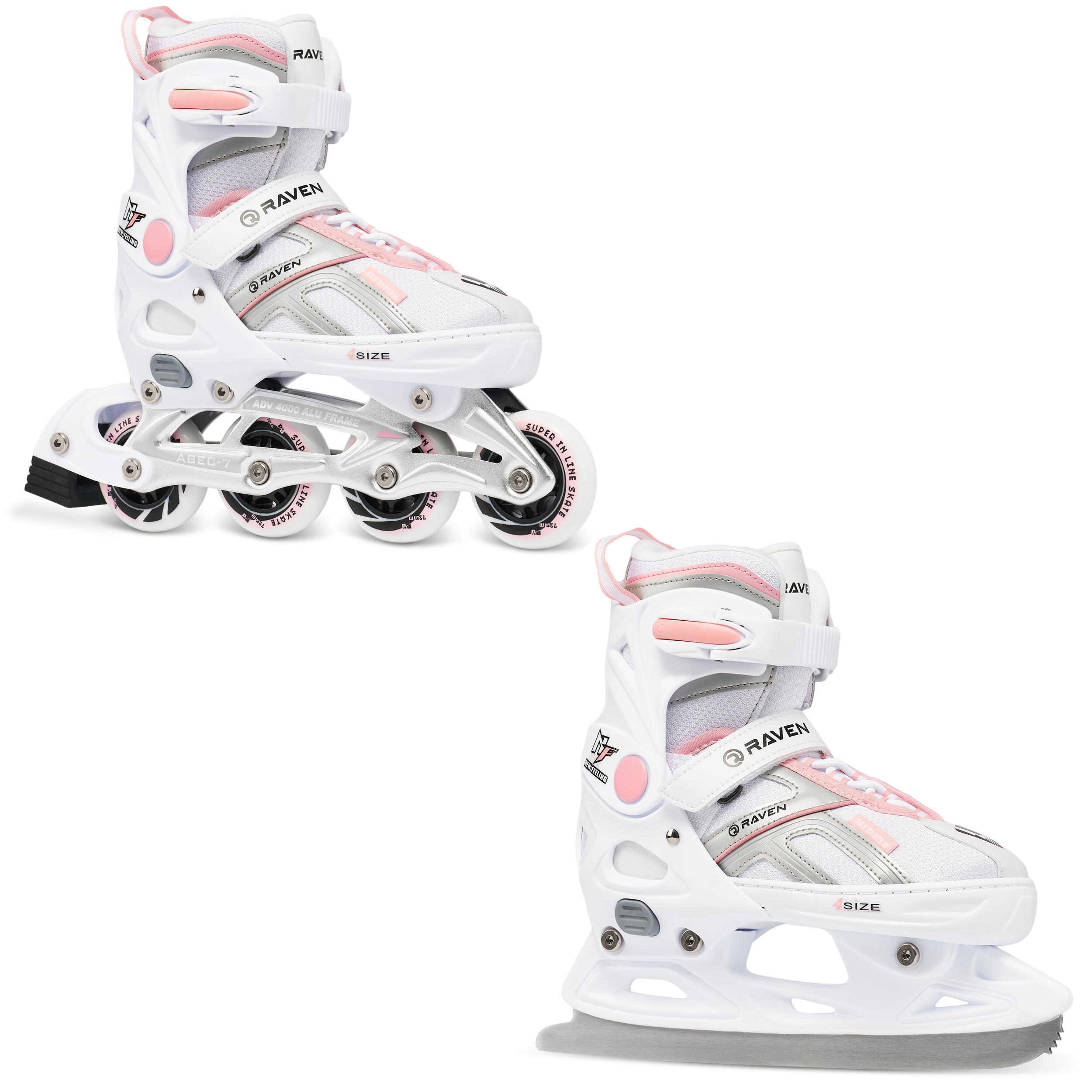 RAVEN Verstellbare Rollschuhe 2in1 Pulse Weiß/Rosa