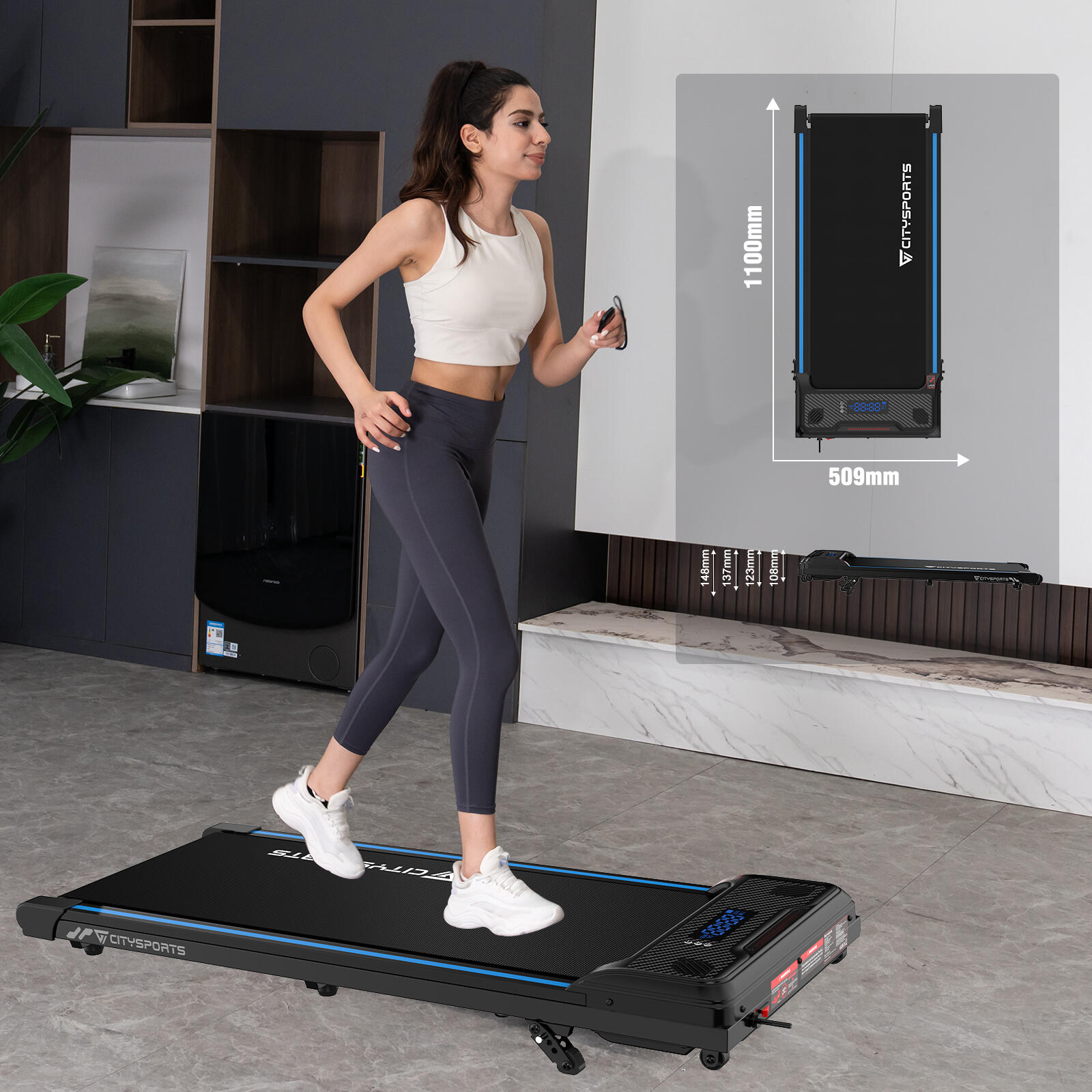 Laufband Bis zu 13.41% neigbar-3 Positionen.6.0km/h,LED-Licht,Schwarz/Blau 4/7