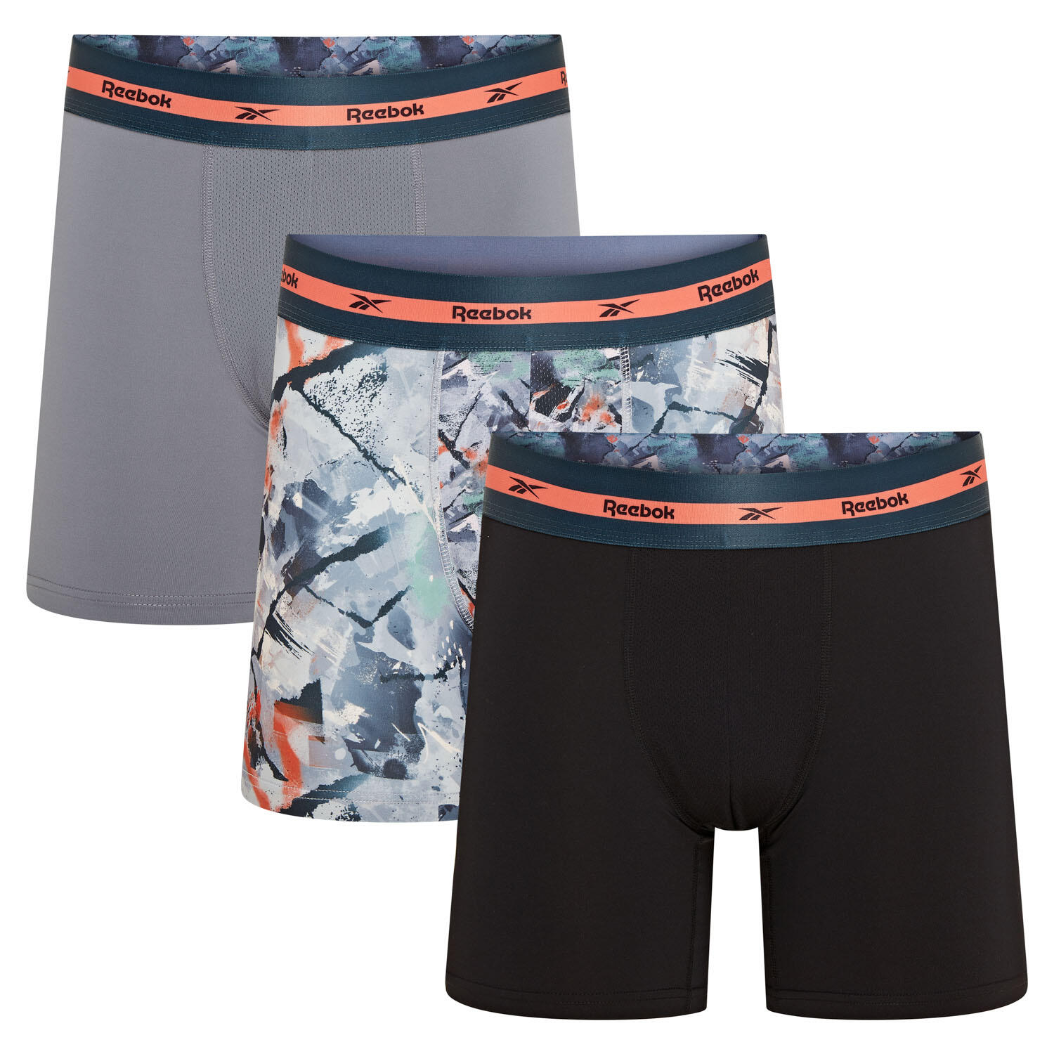 REEBOK Mens Reebok 3 pack Luther sports trunks Black/Grey Print/Pure Grey