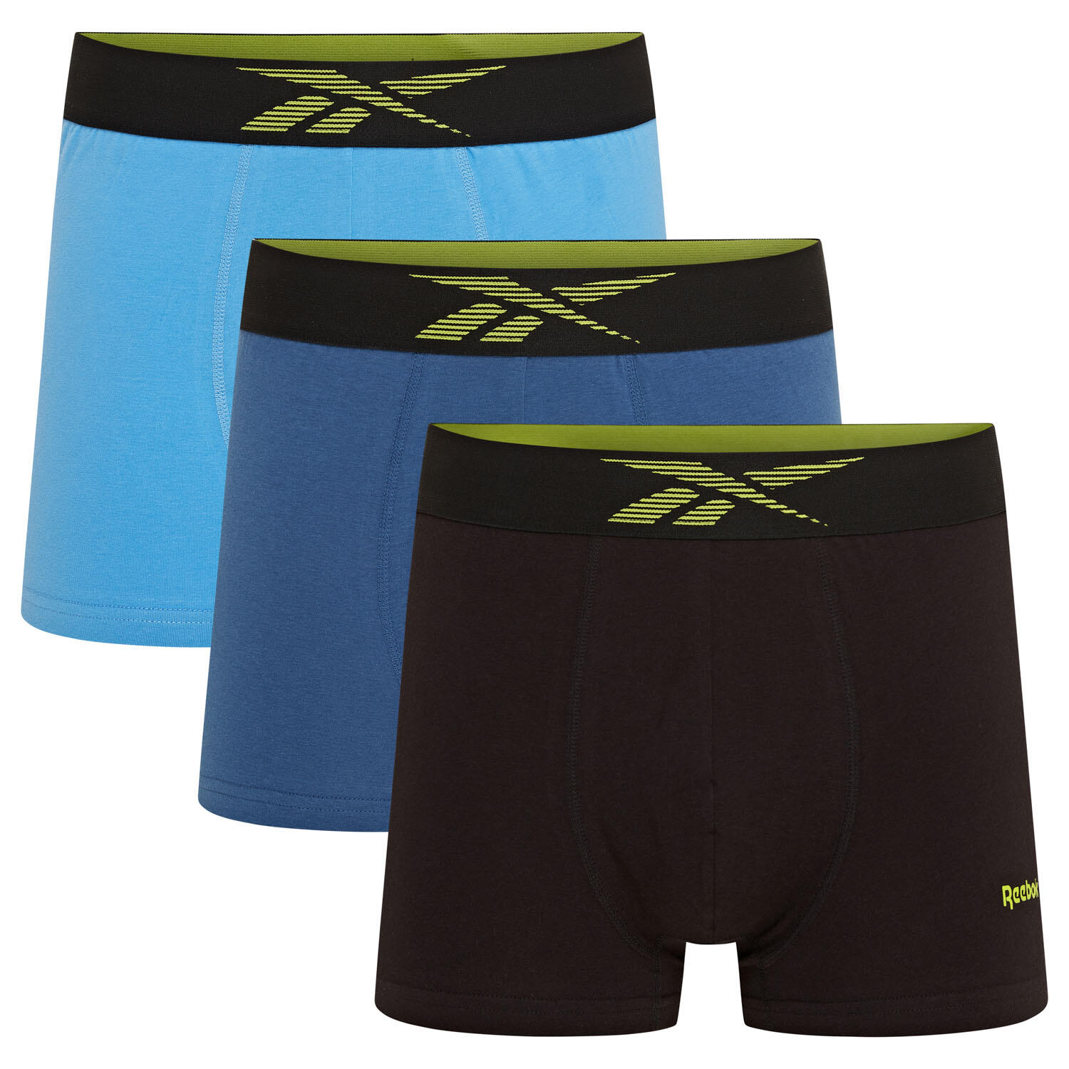 REEBOK Mens Reebok 3 pack Dash trunks Black/Batik Blue/Essential Blue