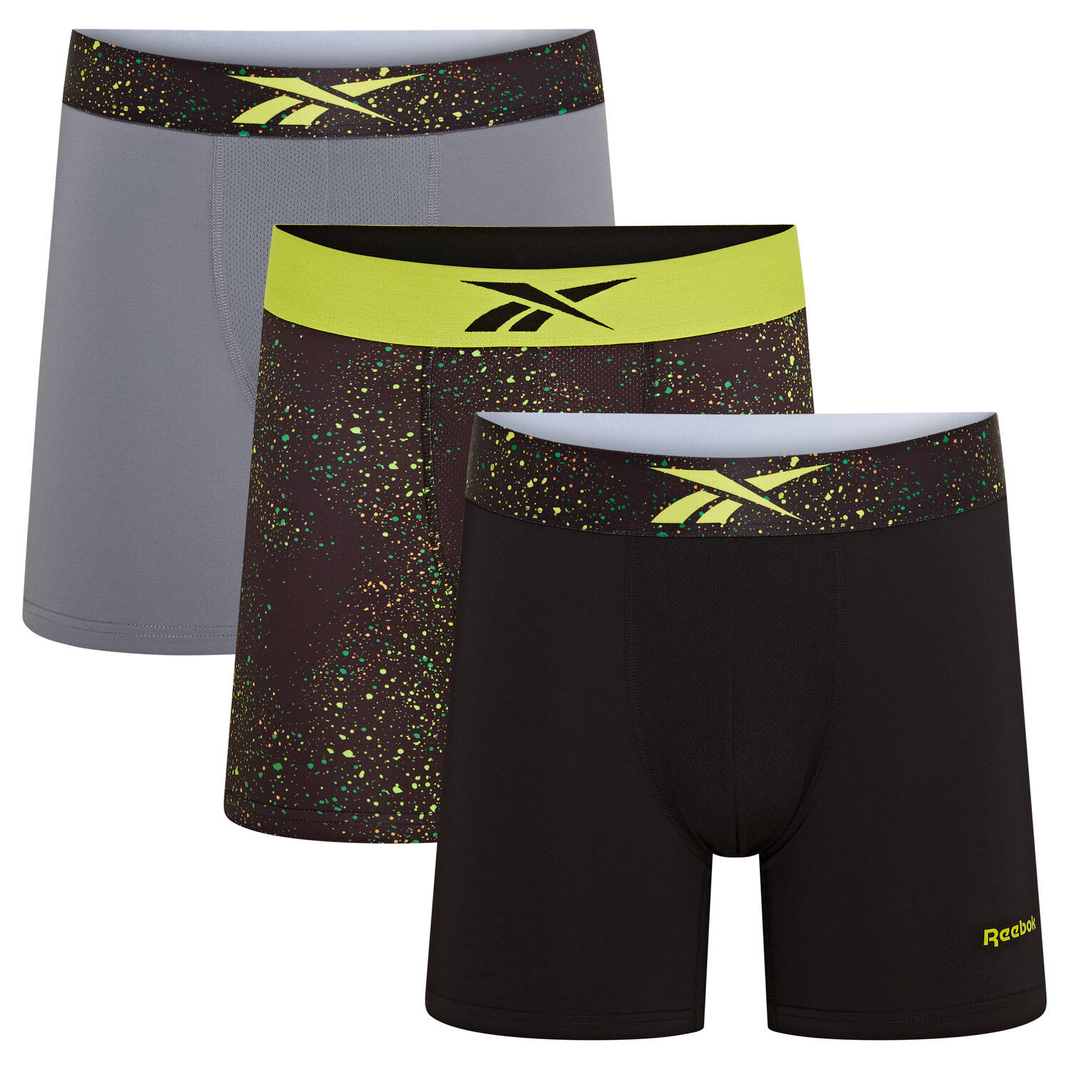 REEBOK Mens Reebok 3 pack Benji sports trunks Black/Acid Yellow Print /Grey