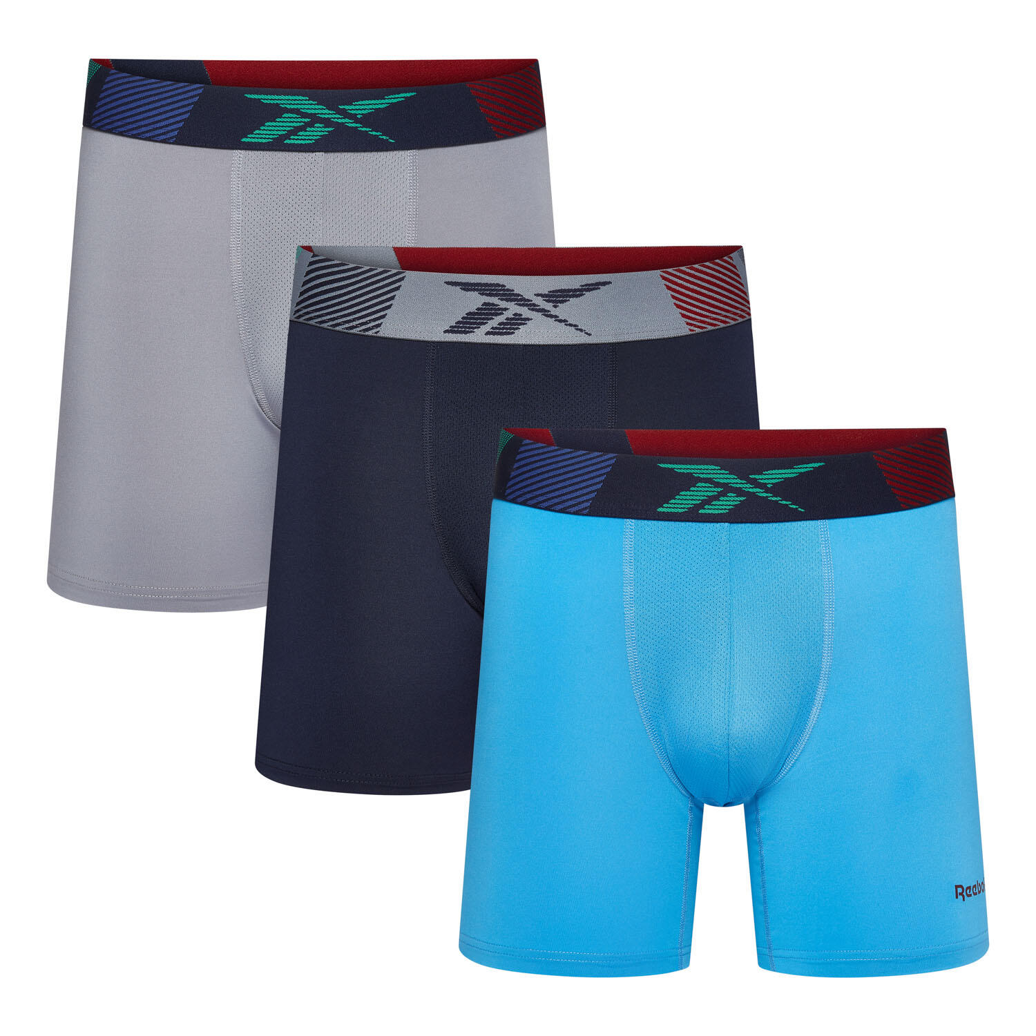 REEBOK Mens Reebok 3 pack Bristow sports trunks Semi Future Cyan/Vector Navy/Grey