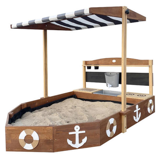 Bac à sable Bateau avec cuisine et toit, 160 x 100 cm, Dora, anthracite/marron