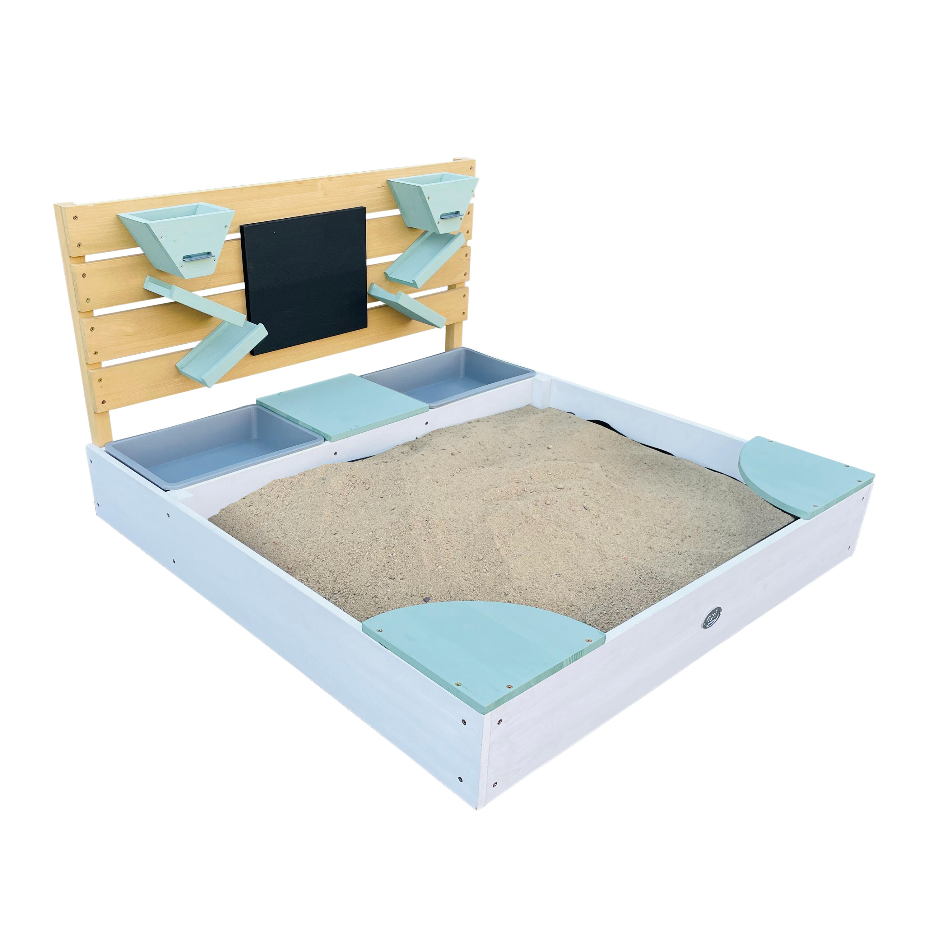 Bac à sable 100 x 105 cm avec bacs à eau et mur de jeu, Cato, Blanc/vert 5/7