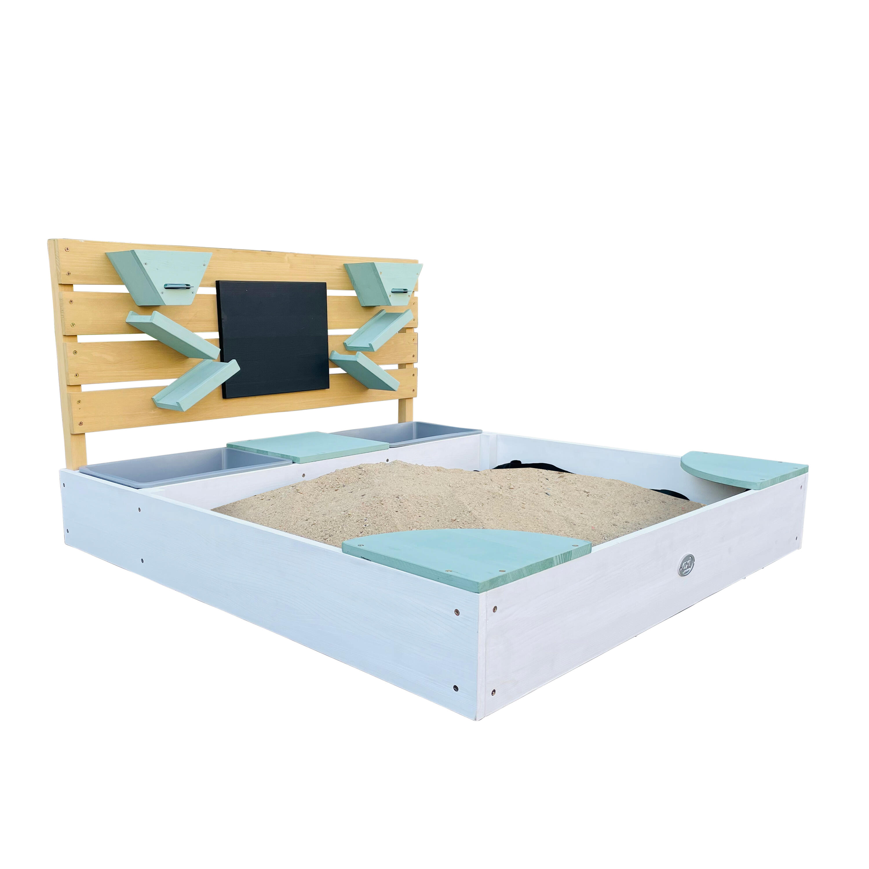 Bac à sable 100 x 105 cm avec bacs à eau et mur de jeu, Cato, Blanc/vert 7/7
