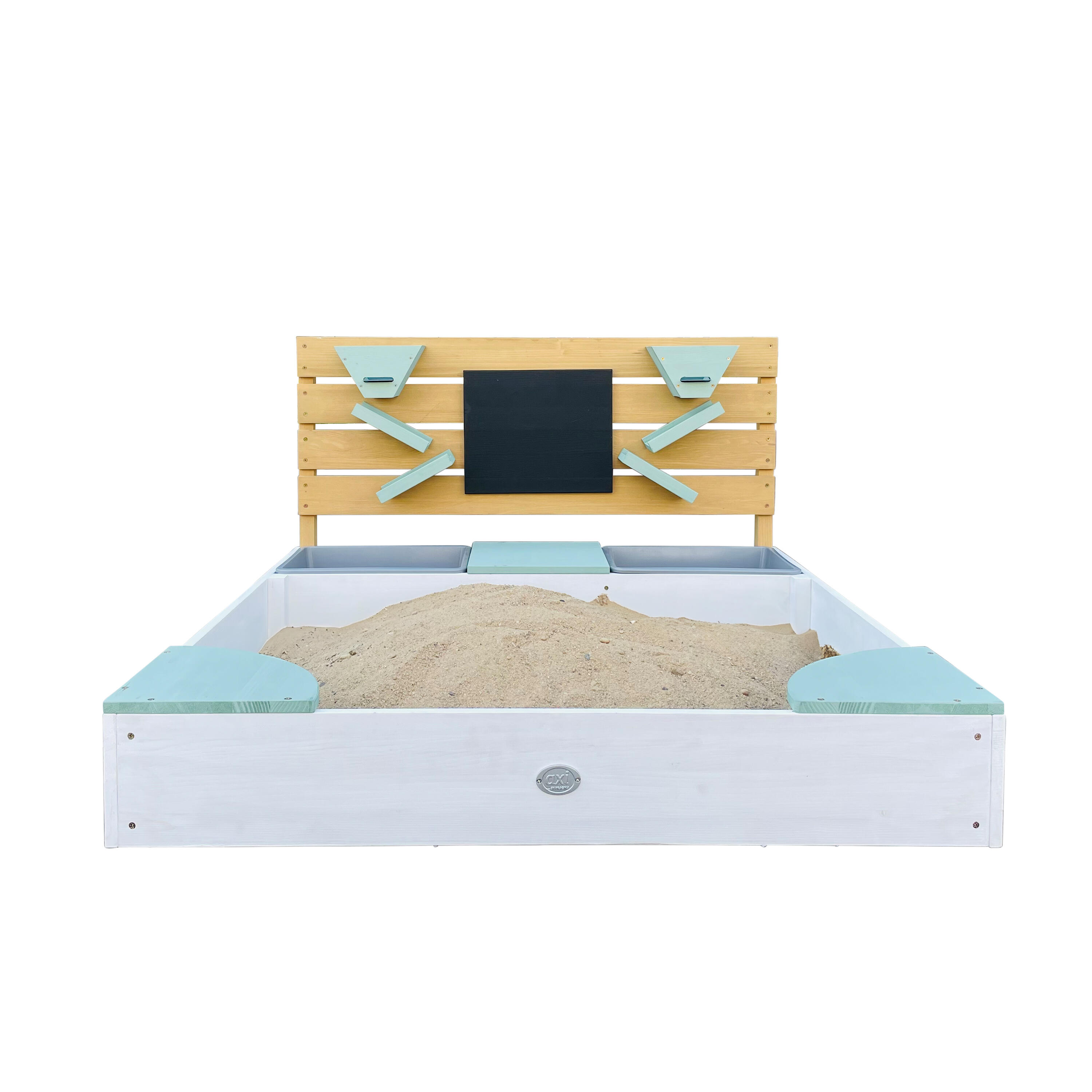 Bac à sable 100 x 105 cm avec bacs à eau et mur de jeu, Cato, Blanc/vert 6/7