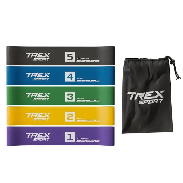 Комплект от 5 ластици Trex Sport Miniband 1–18 кг с чанта