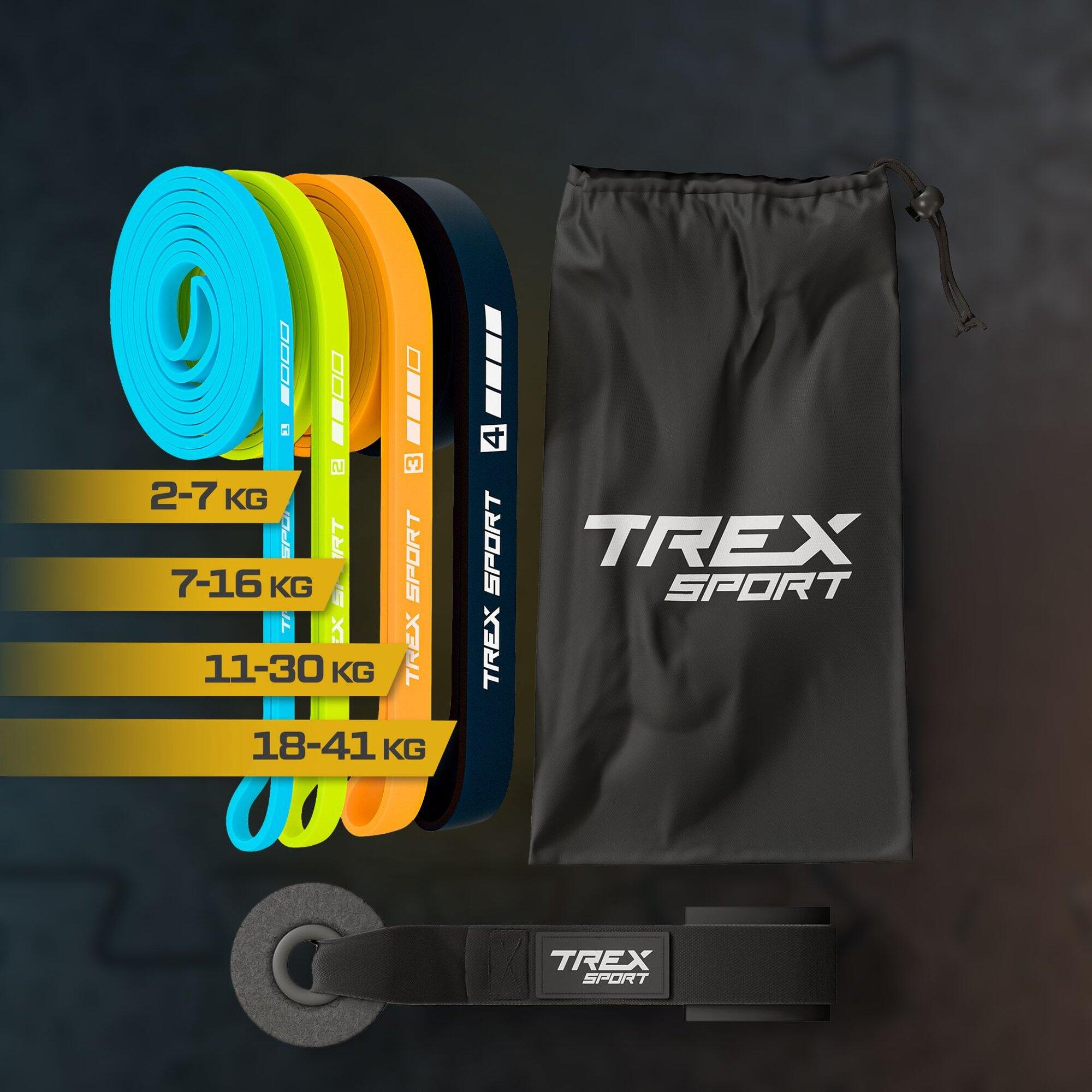 Zestaw 4 gum oporowych Trex Sport Neon z zaczepem, opór 2–41 kg