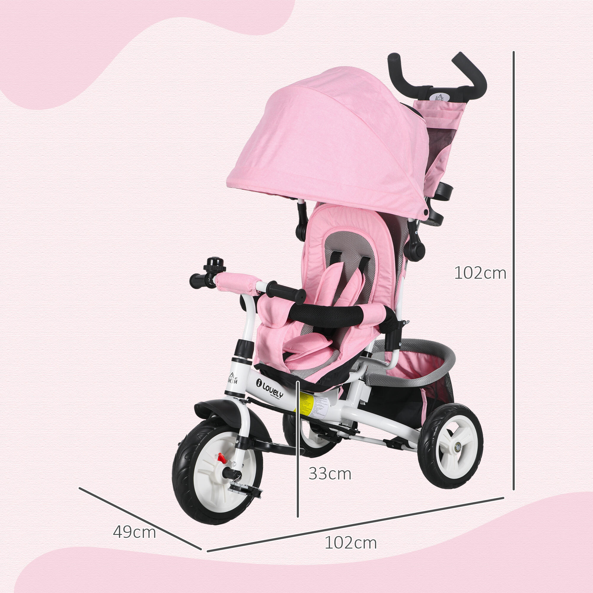 Triciclo para bebés 102x49x102 cm rosa HOMCOM 3/5