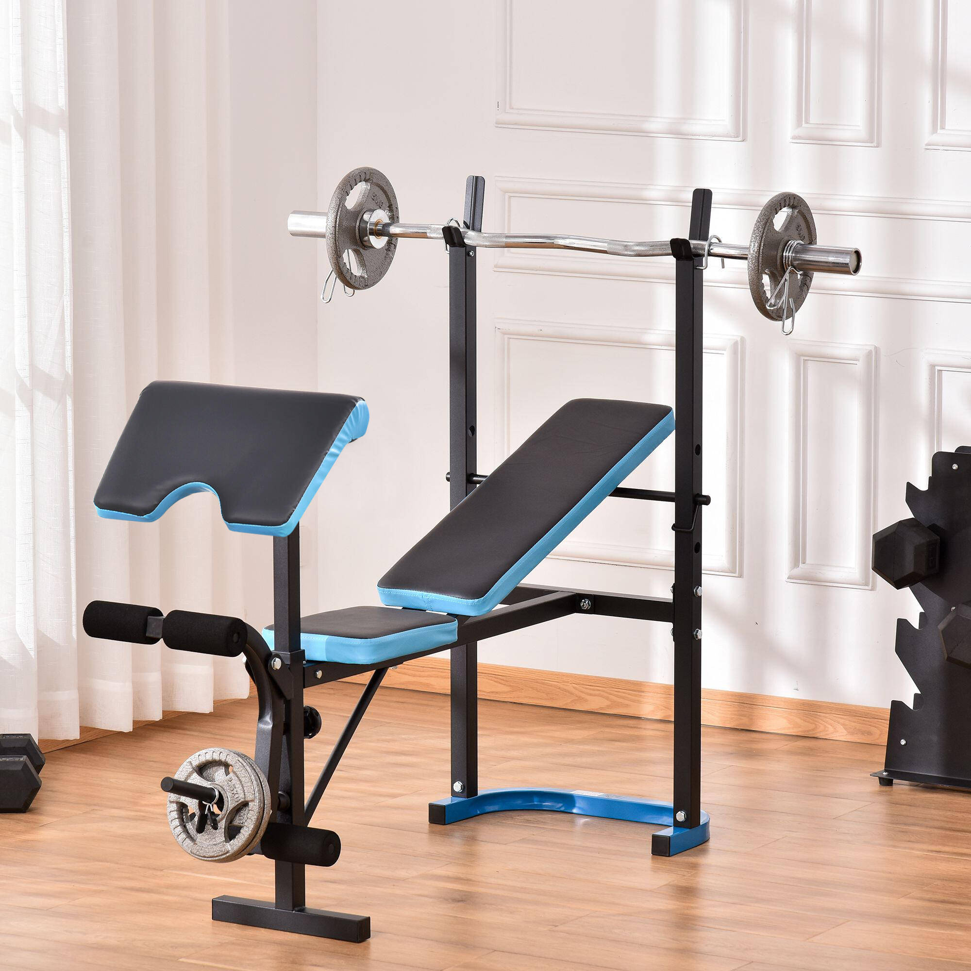 Banc de musculation avec support pour haltères et dossier réglable pour 3/9