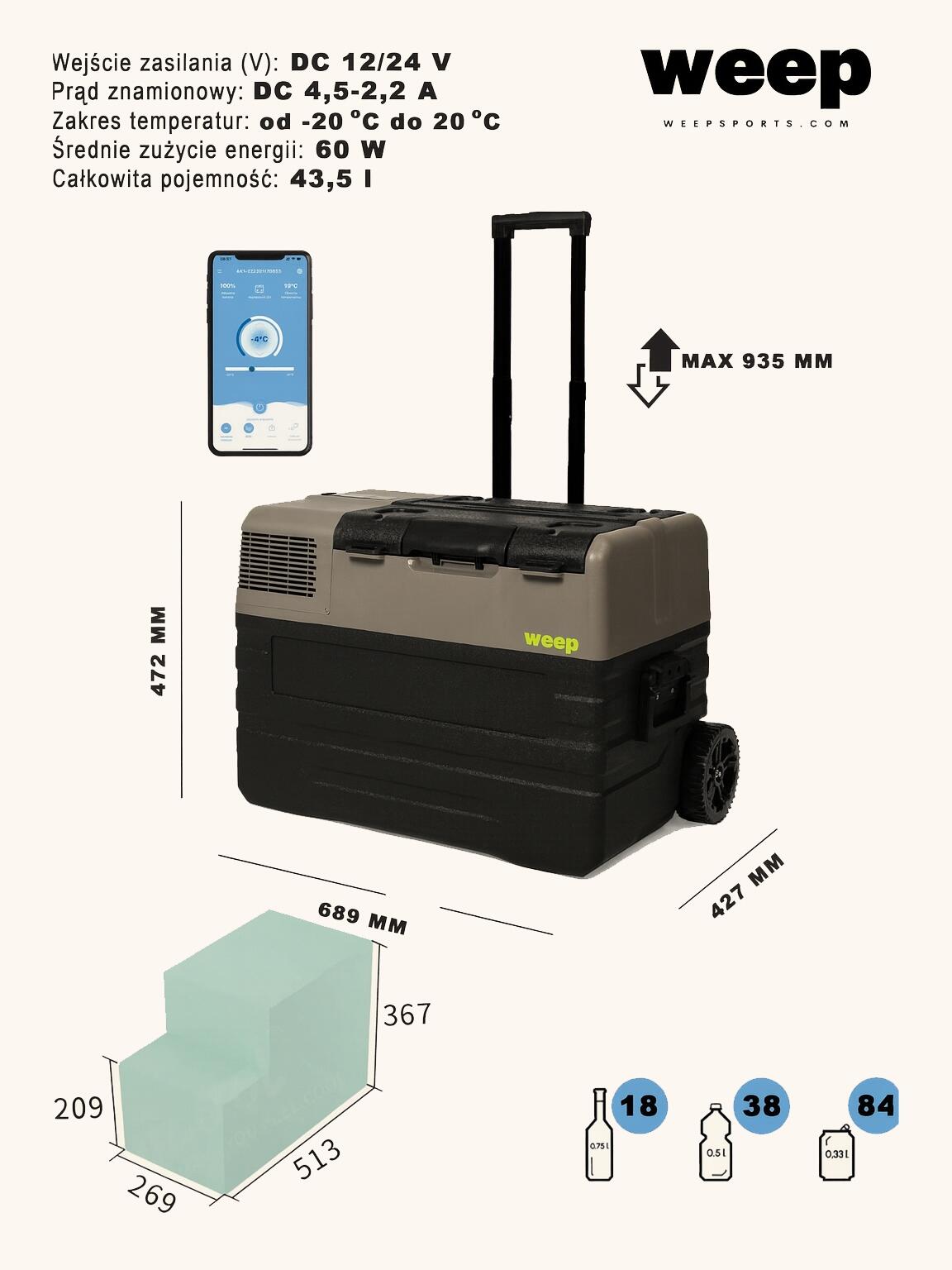 Lodówka Turystyczna Kompresorowa Zamrażarka Samochodowa WEEP NX42 43.5L