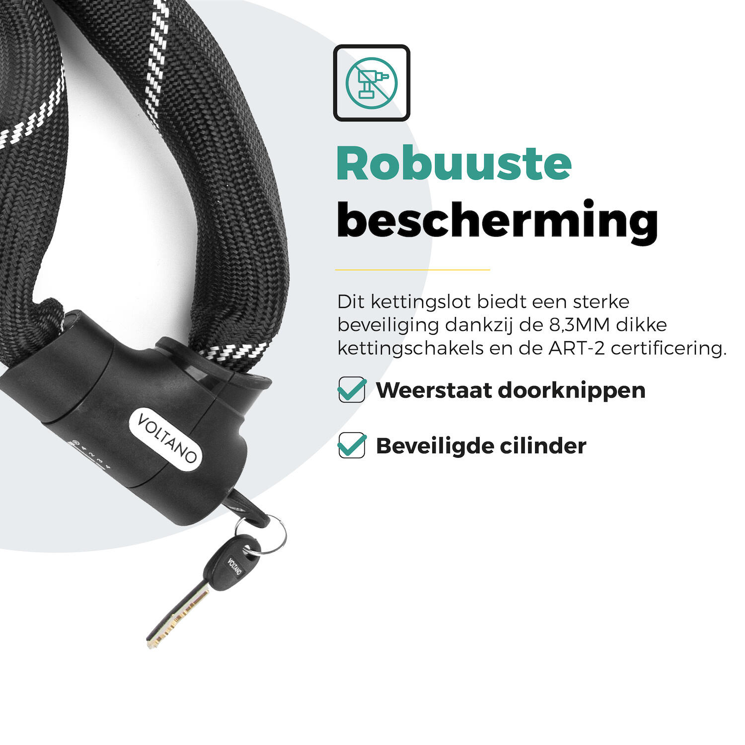 Voltano ART2 Kettingslot Fiets Met Luxe Slotkop - Zwart - 120 CM - ART 2 Slot 6/7