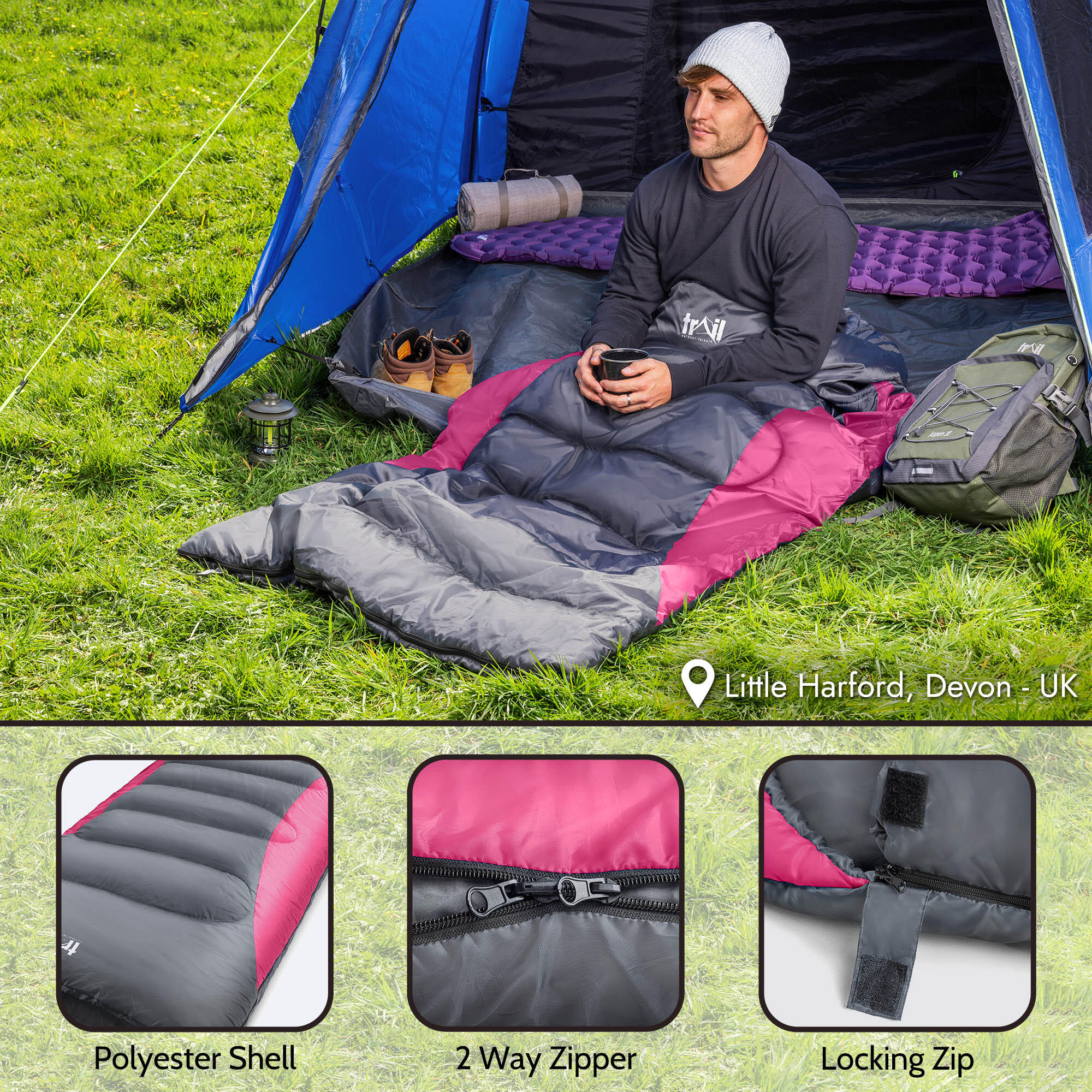 Trail XL Hooded Sleeping Bag Extra Wide Water Resistant 2-3 Season