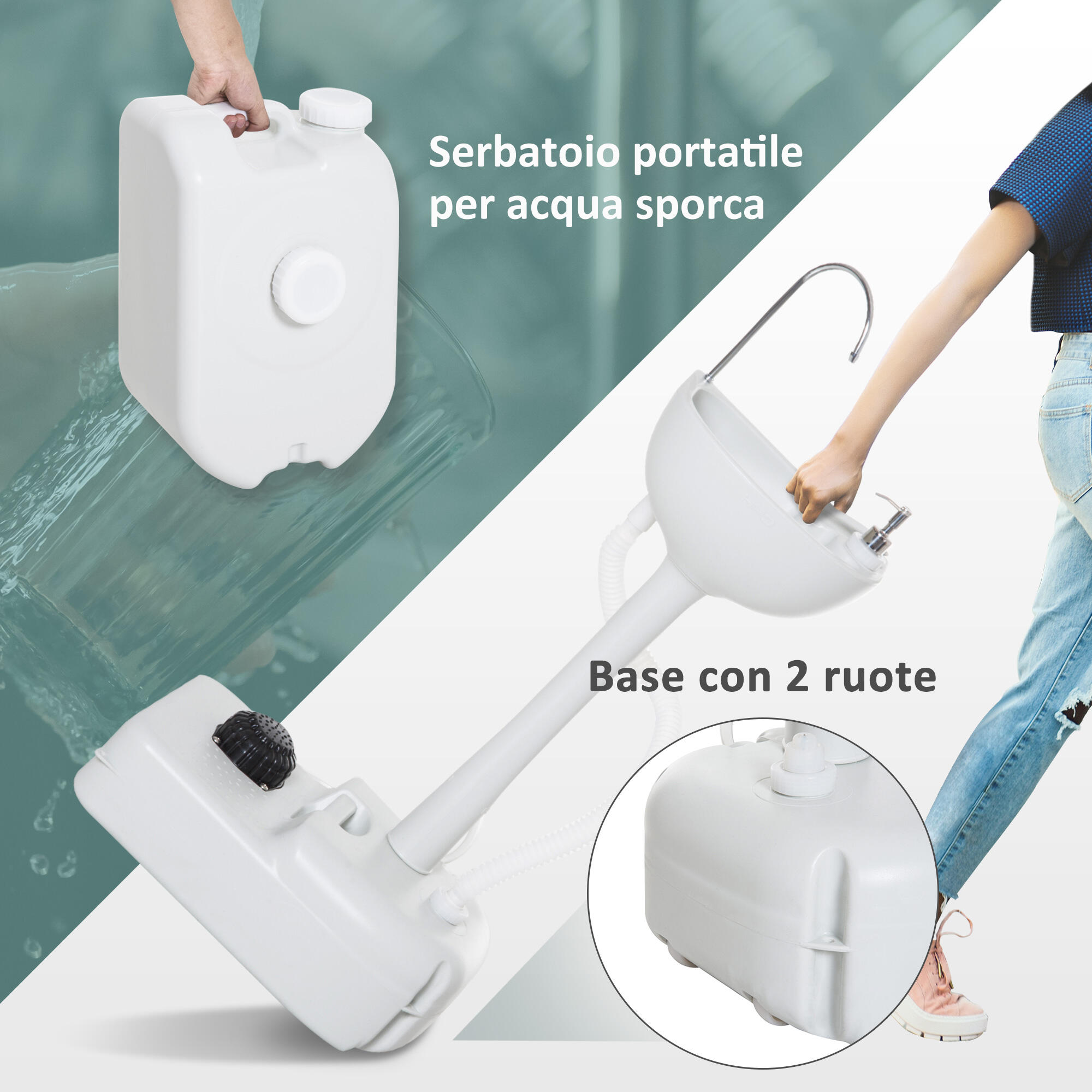 Outsunny Lavabo Portatile da Campeggio 2 Ruote 3 Serbatoi in HDPE 5/6