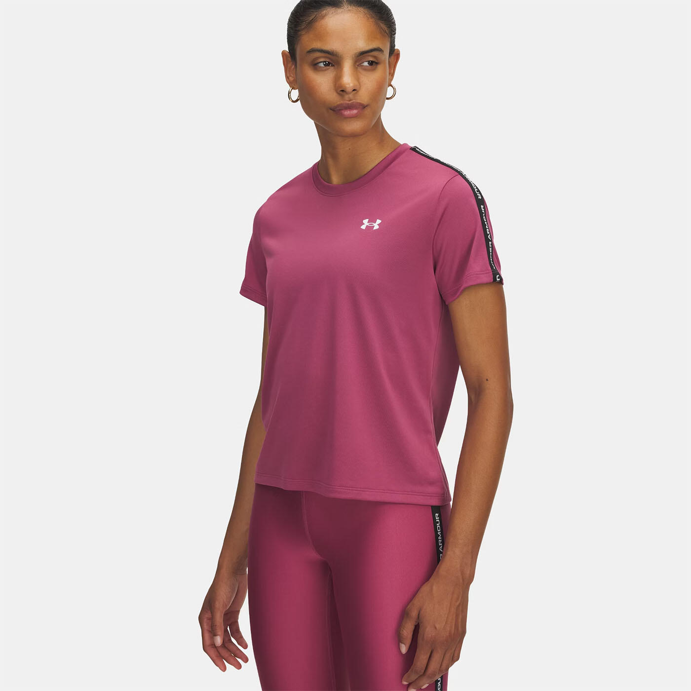 T-shirt UA Tech™ à bande griffée pour femme Under Armour Fuchsia et noir 1/2