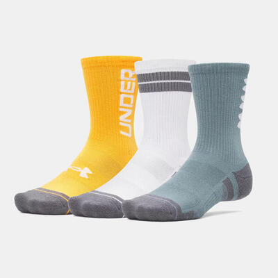 Set van 3 paar hoge ua performance tech unisex sportsokken blauw. wit en geel