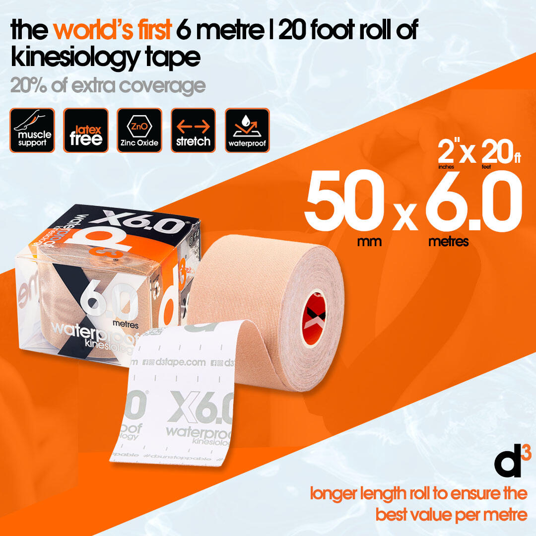 X6.0 Xtreme Waterproof Kinesiology Tape 50mm x 6m - Black - 1 Roll 2/7