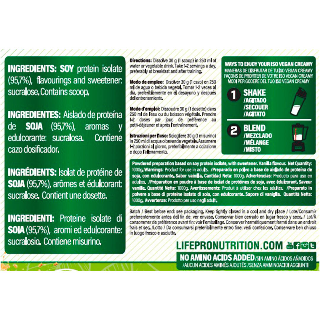LIFE PRO ISOLATE VEGAN CREAMY 1KG - Aislado de Proteína Vegetal Cremosa 3/5