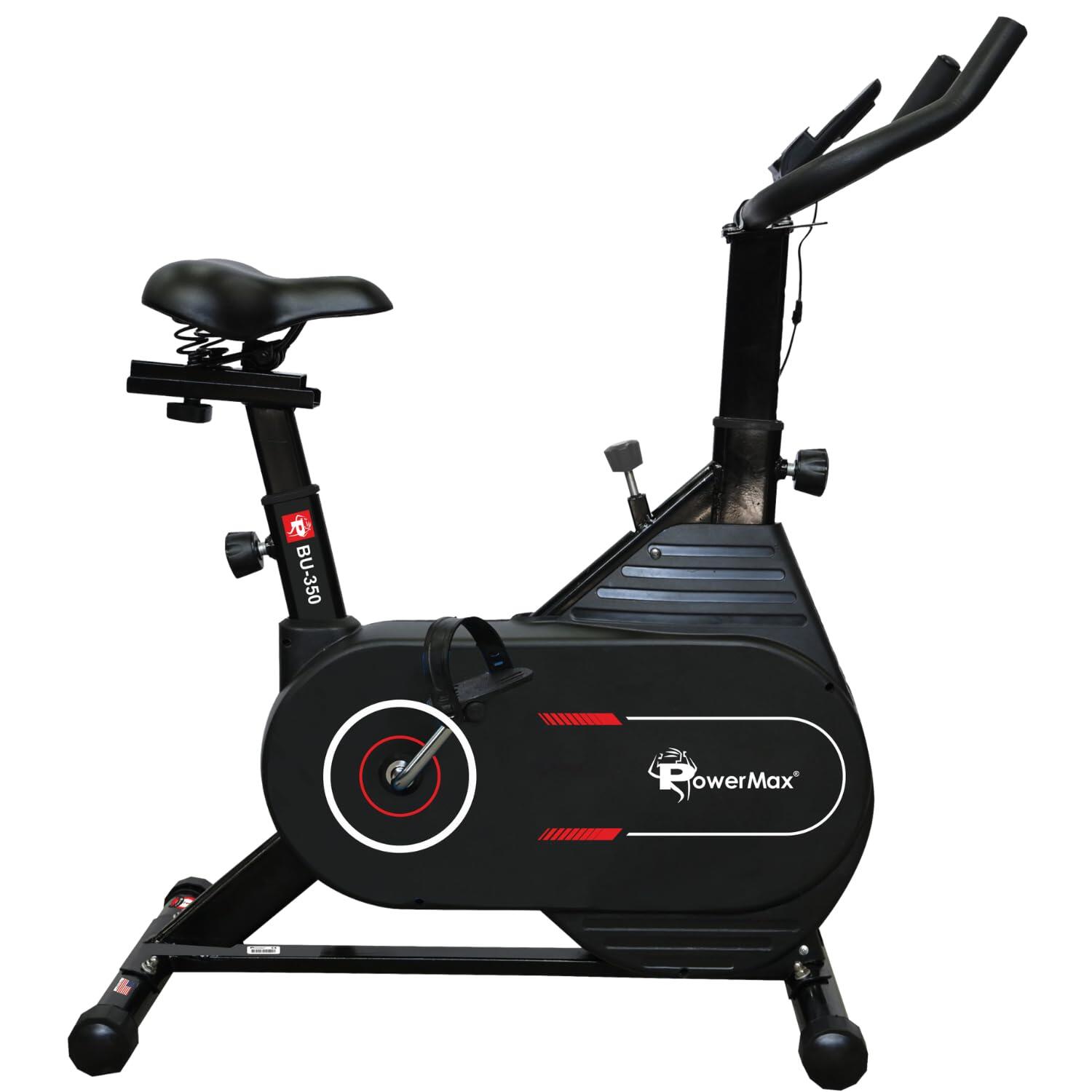 PowerMax Fitness BU-350 Exercise Spin Bike | 7KG Flywheel, 1 pc crank, Max user 130kg cardio cycle for home, Knob resistance, Adjustable Seat & Handlebars, LCD Display, ipad And mobile holder (Black)
