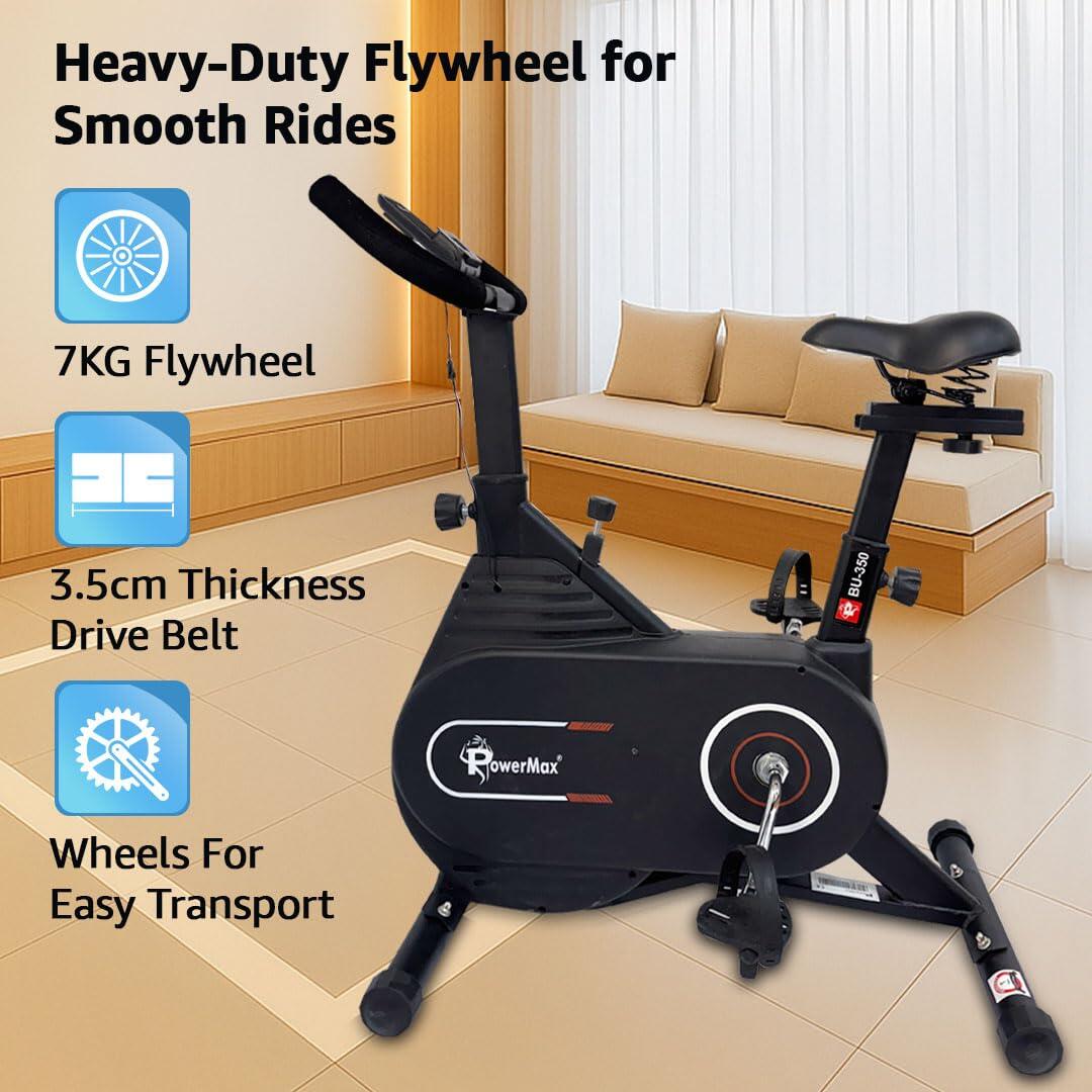 PowerMax Fitness BU-350 Exercise Spin Bike | 7KG Flywheel, 1 pc crank, Max user 130kg cardio cycle for home, Knob resistance, Adjustable Seat & Handlebars, LCD Display, ipad And mobile holder (Black)
