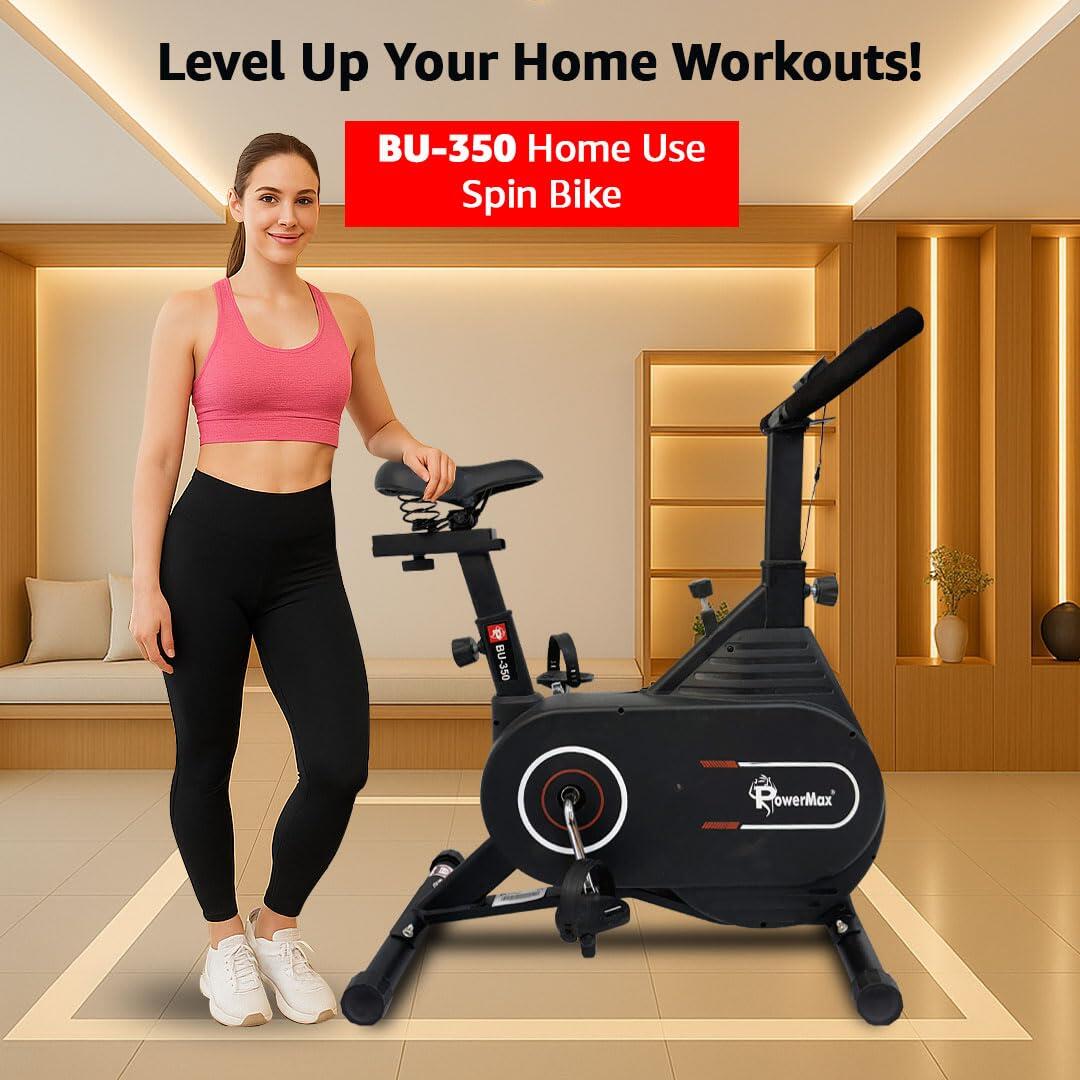 PowerMax Fitness BU-350 Exercise Spin Bike | 7KG Flywheel, 1 pc crank, Max user 130kg cardio cycle for home, Knob resistance, Adjustable Seat & Handlebars, LCD Display, ipad And mobile holder (Black)