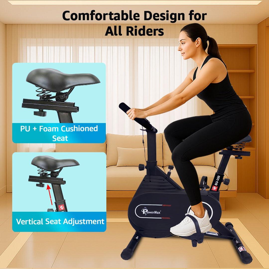 PowerMax Fitness BU-350 Exercise Spin Bike | 7KG Flywheel, 1 pc crank, Max user 130kg cardio cycle for home, Knob resistance, Adjustable Seat & Handlebars, LCD Display, ipad And mobile holder (Black)