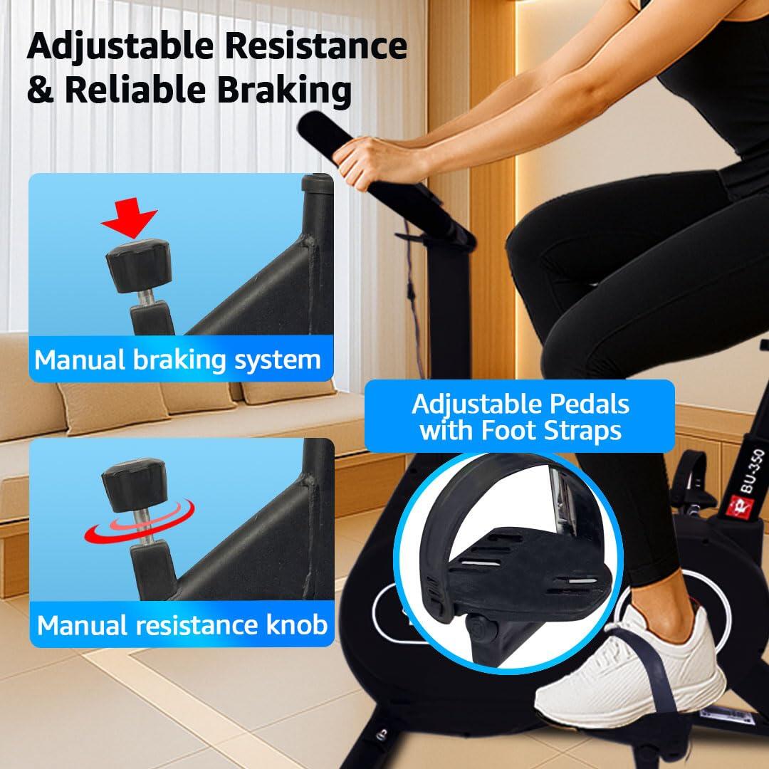 PowerMax Fitness BU-350 Exercise Spin Bike | 7KG Flywheel, 1 pc crank, Max user 130kg cardio cycle for home, Knob resistance, Adjustable Seat & Handlebars, LCD Display, ipad And mobile holder (Black)