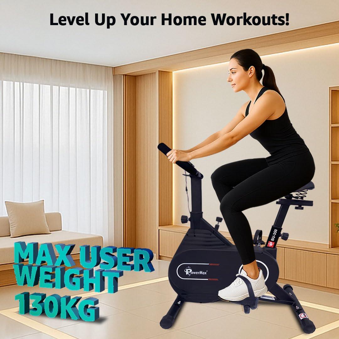 PowerMax Fitness BU-350 Exercise Spin Bike | 7KG Flywheel, 1 pc crank, Max user 130kg cardio cycle for home, Knob resistance, Adjustable Seat & Handlebars, LCD Display, ipad And mobile holder (Black)