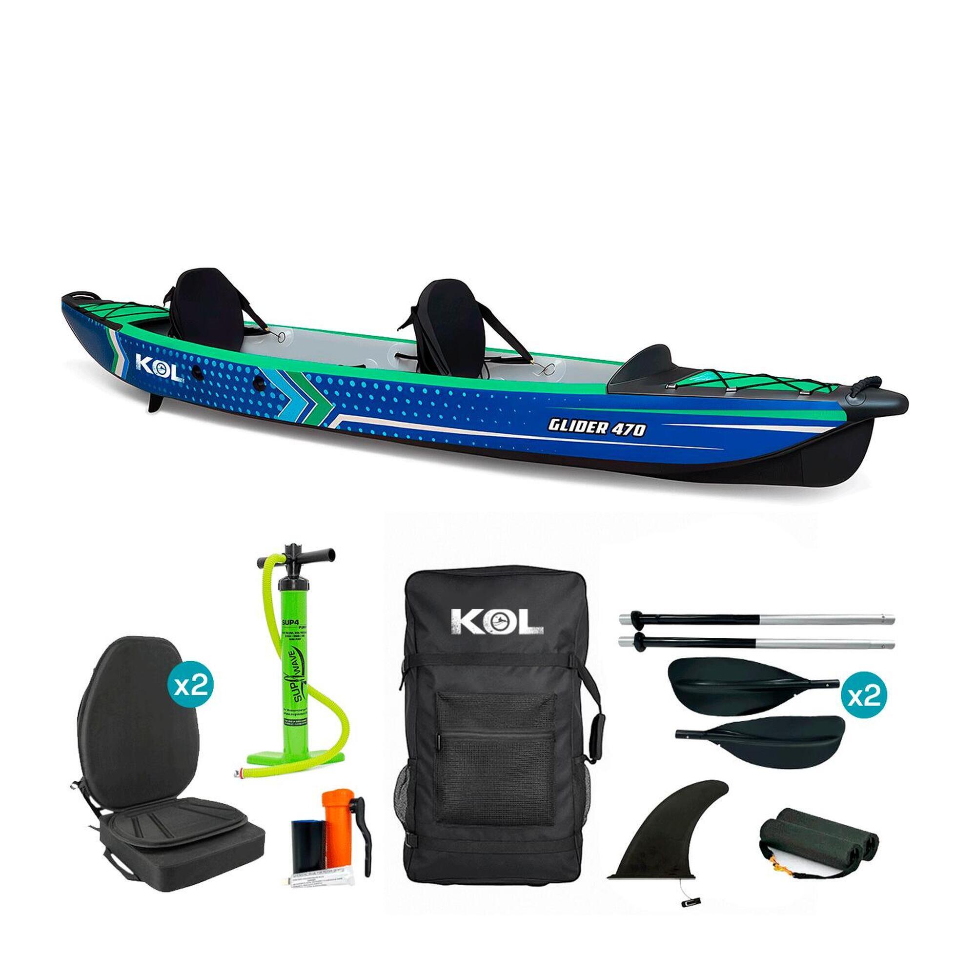 Kol Outdoor - Kayak Gonflable Double Glider 470 Bleu/vert 100% Drop-stitch - Canoë-kayak - Vert - Decathlon