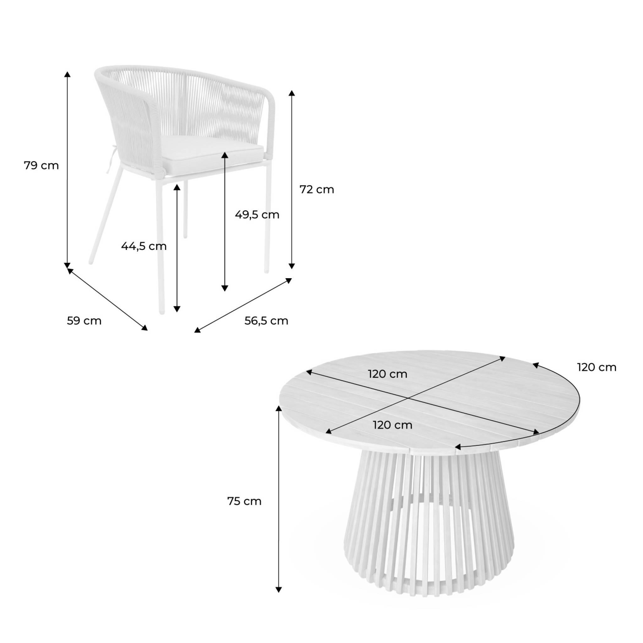 Mesa de comedor redonda de madera, interior/exterior + 4 sillones de cuerda y 4/6