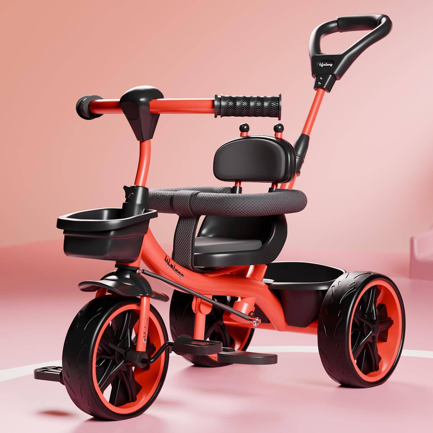 Lifelong Kids Harness Parental Control Tricycle with EVA wheels , Bell & Storage Basket|Baby Trike|Age Group 1 Years to 4 Years Carrying Capacity upto 25 kgs, Red/Black -  1