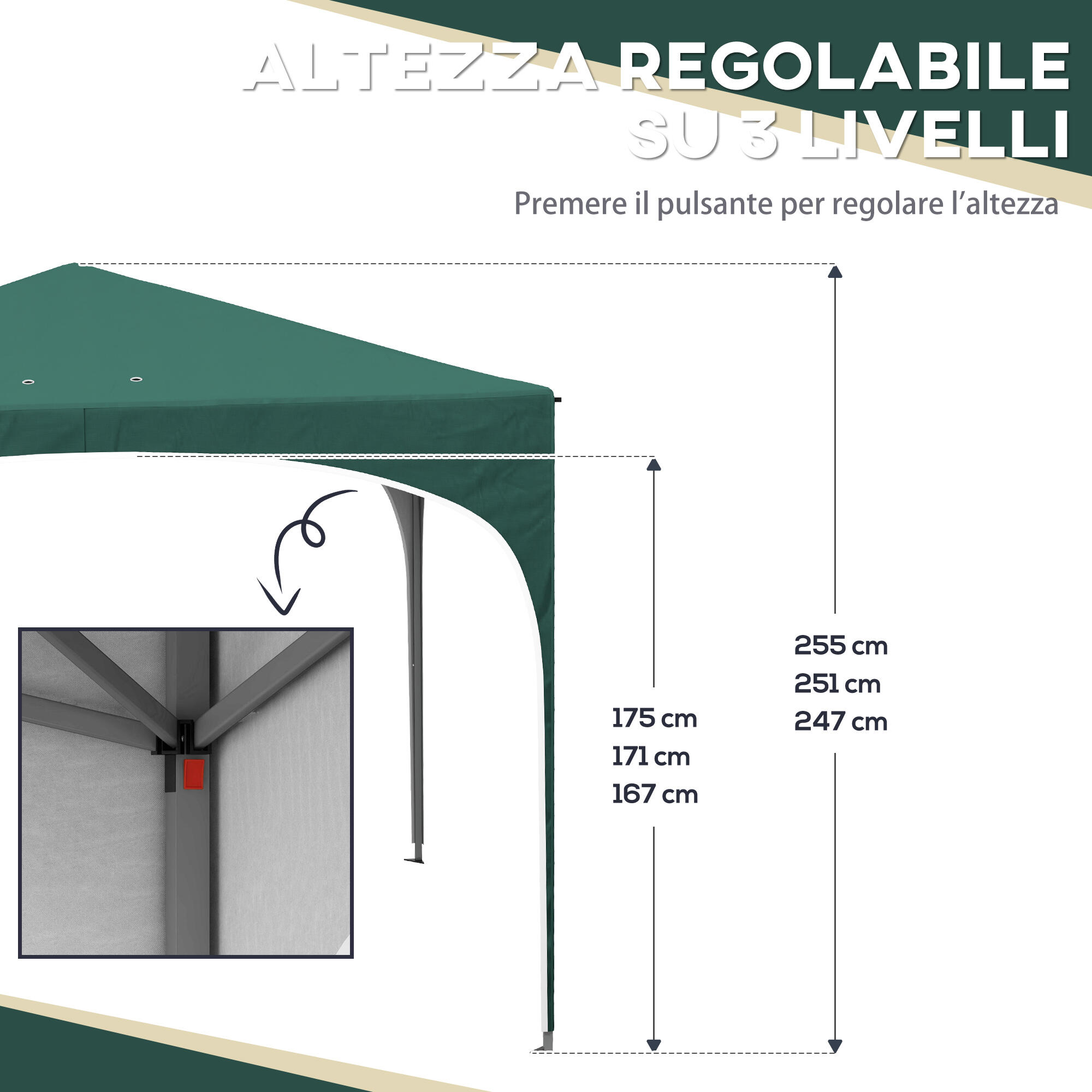 Outsunny Gazebo da Giardino ad Altezza Regolabile in Metallo Verde 5/7