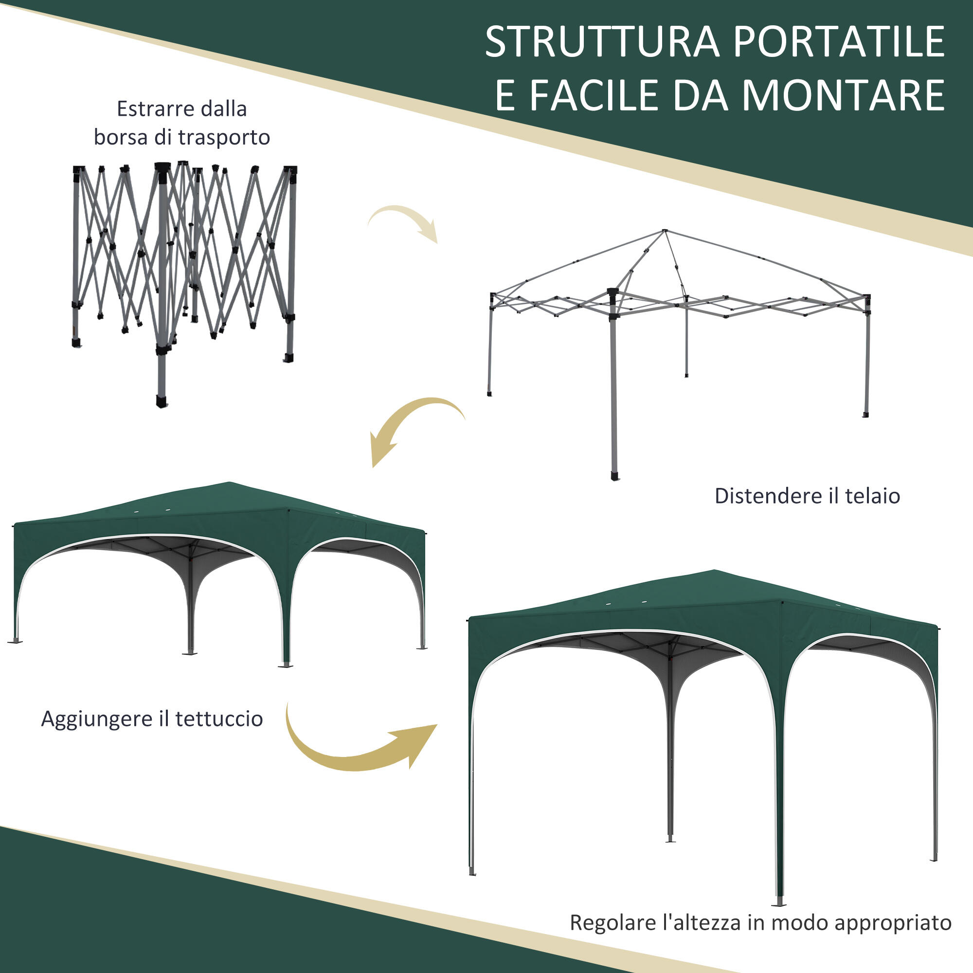 Outsunny Gazebo da Giardino ad Altezza Regolabile in Metallo Verde 4/7