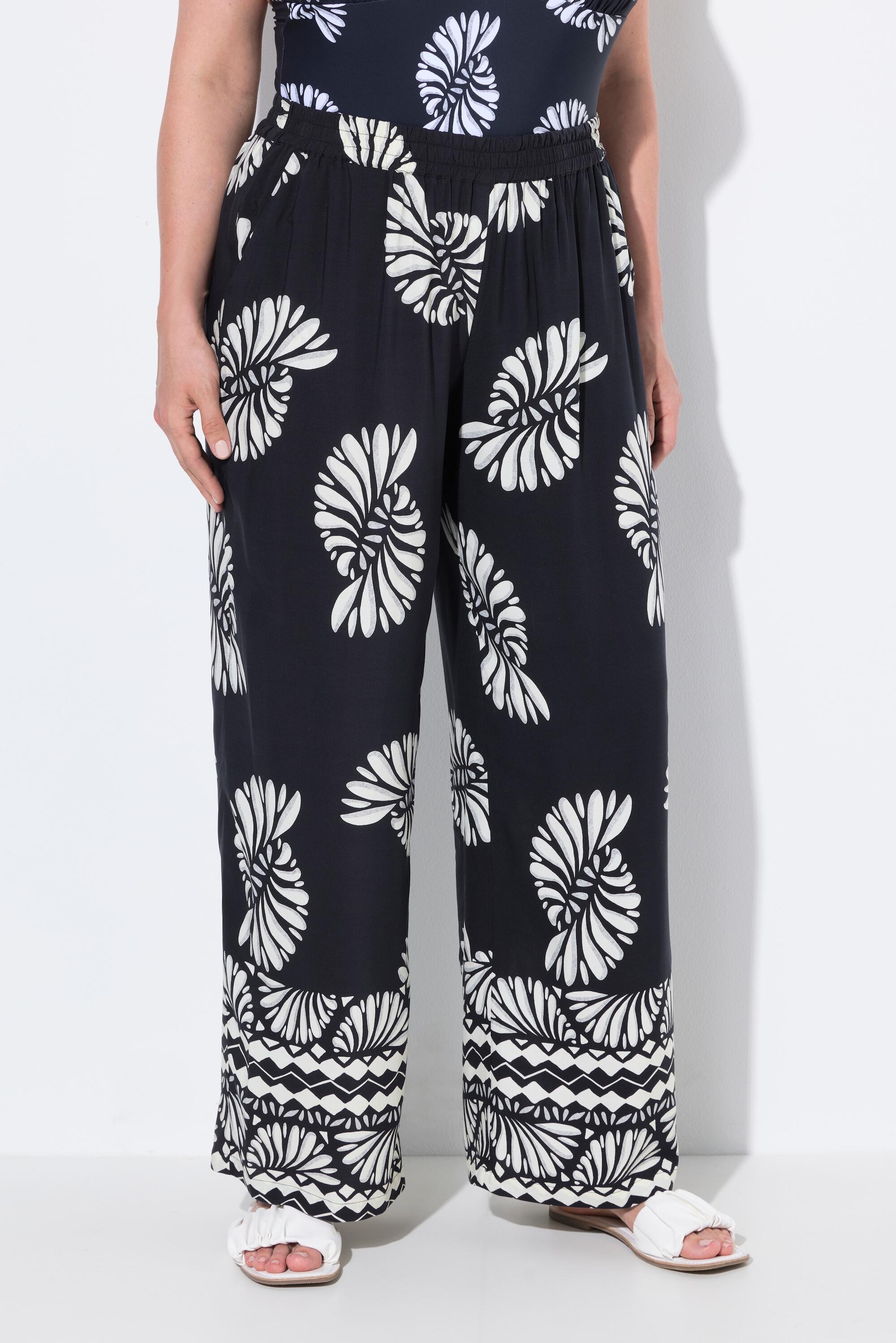 ULLA POPKEN Women's Palazzo Trousers, Printed Viscose Black, Elastic Waist