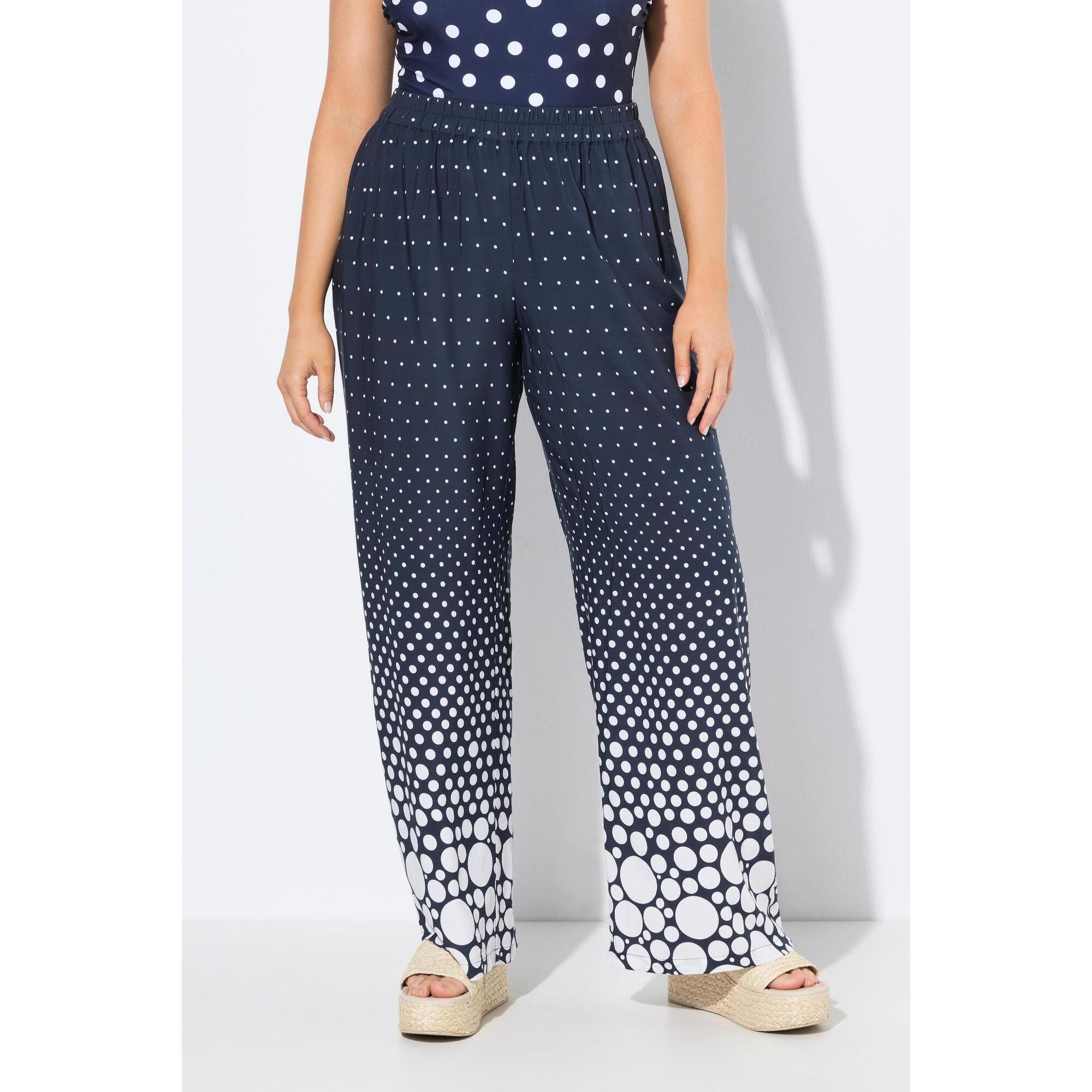 Ulla Popken - Femme Pantalon Palazzo À Pois. Jambe Large Et Droite. Taille Élastique - Pantalons - Bleu - Decathlon
