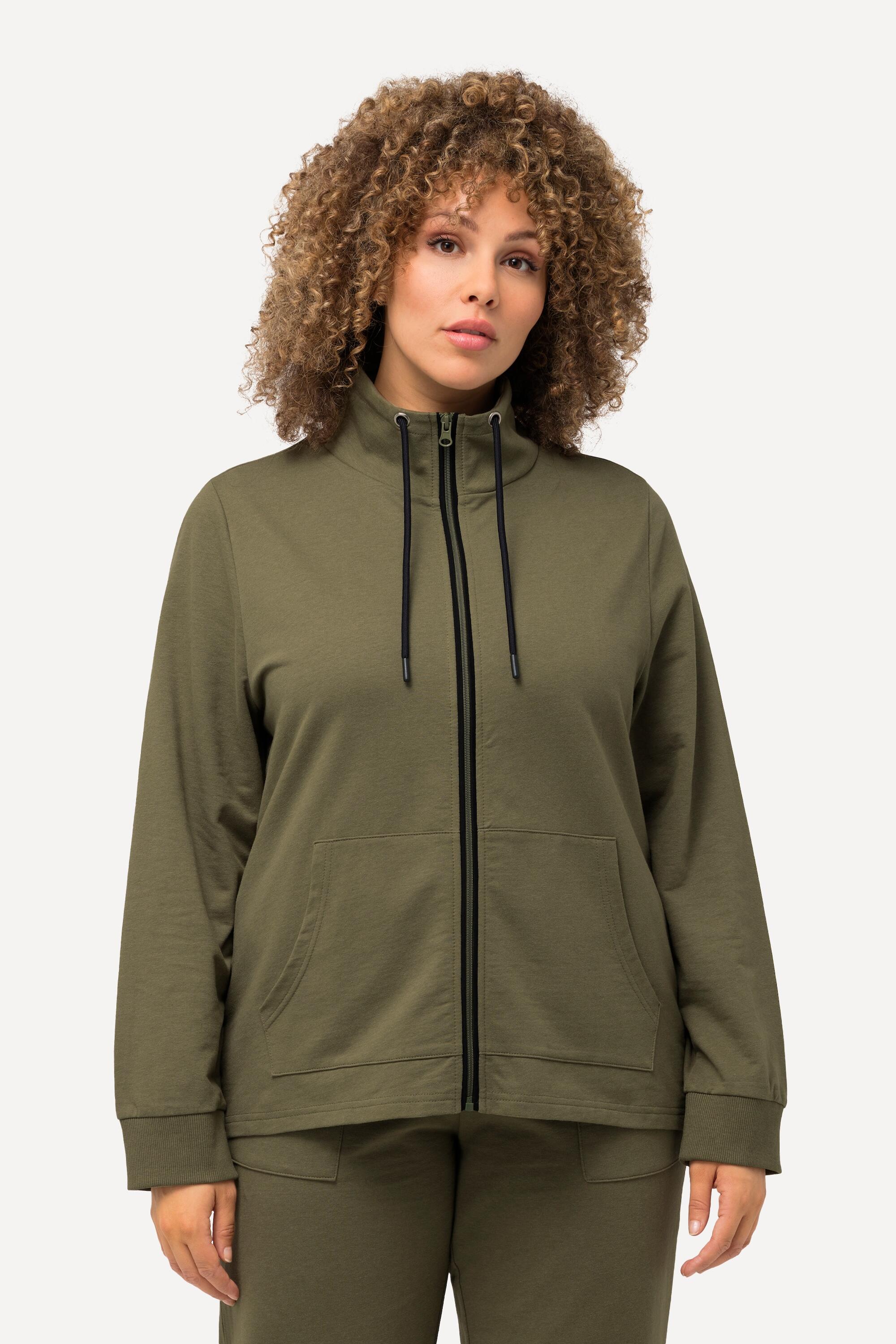 ULLA POPKEN Plus Size Women's Fleece Jacket Green High Collar Kangaroo Pocket