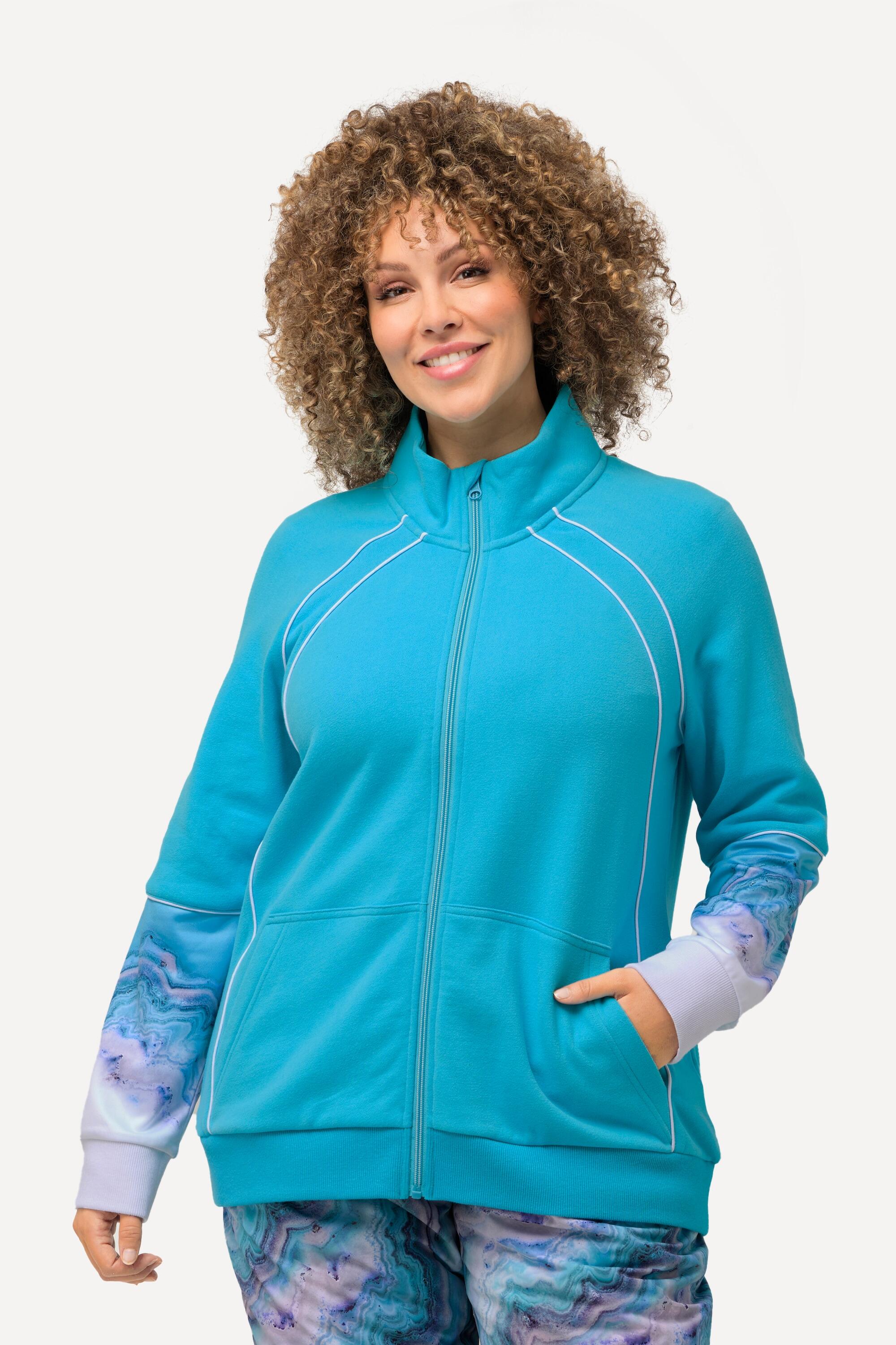 ULLA POPKEN Plus-Size Women's Fleece Jacket with Stand Collar and Decorative Piping