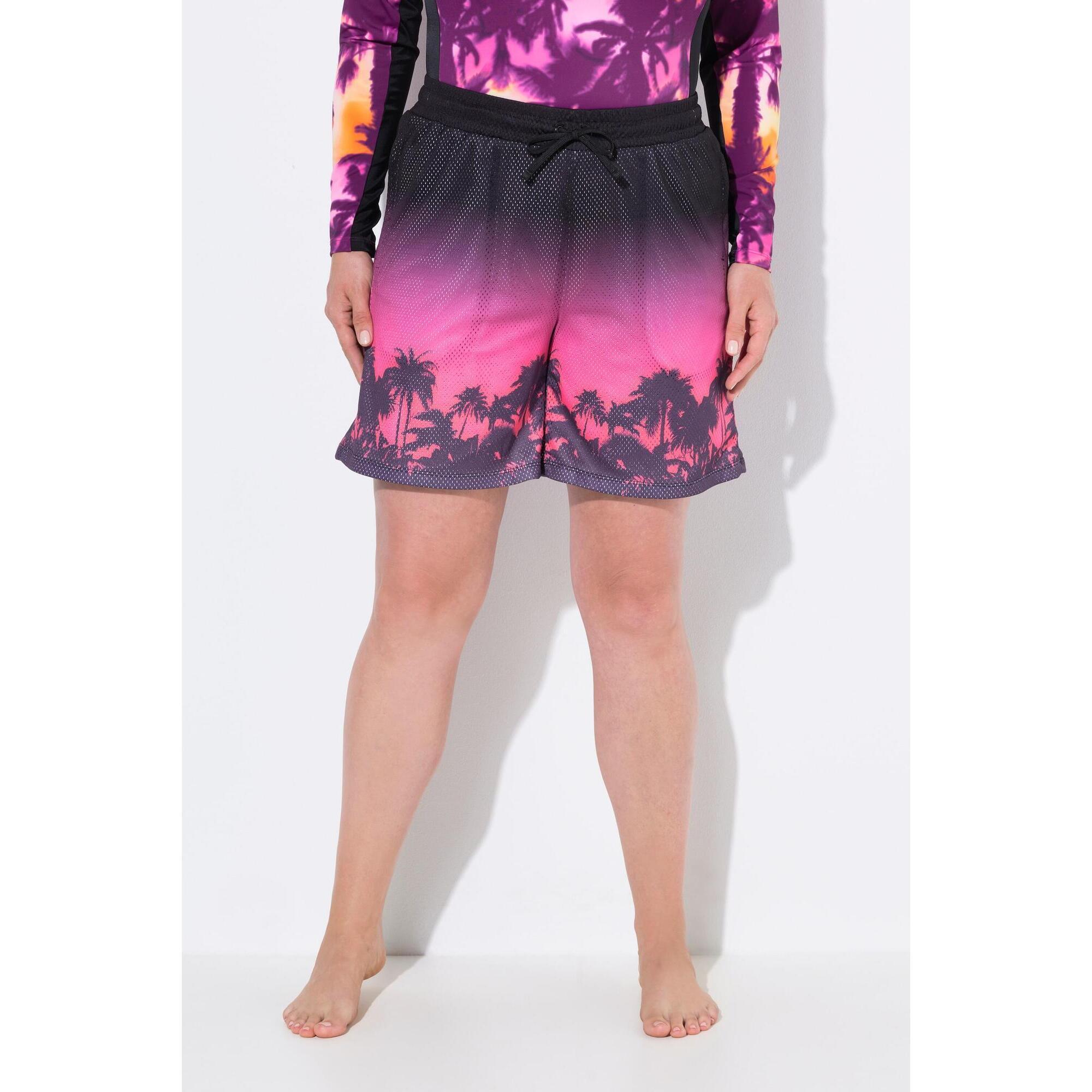 Ulla Popken - Femme Short Technique En Mesh. Imprimé Palmiers. Jambe Large Et Taille Élastique - Short - Noir - Decathlon