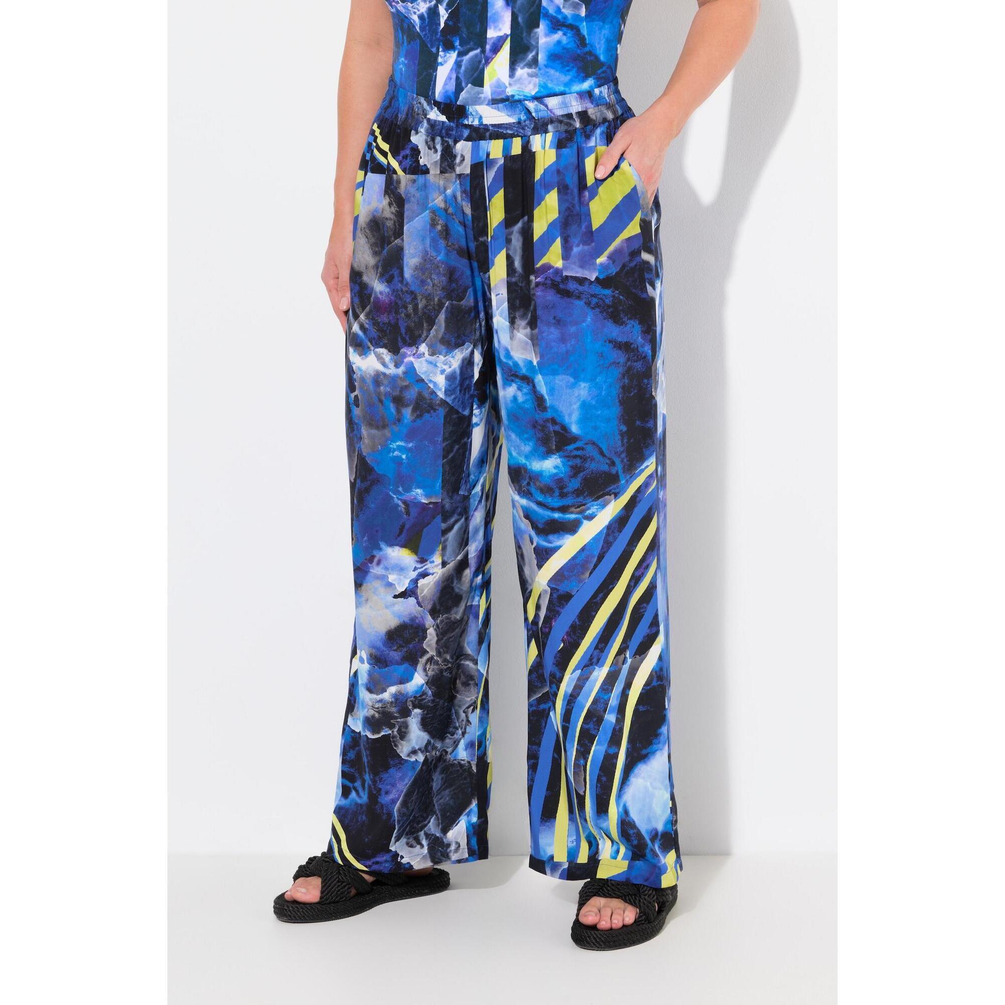 Ulla Popken - Femme Pantalon Palazzo Jambe Large Et Droite Ceinture Élastique - Pantalons - Bleu - Decathlon