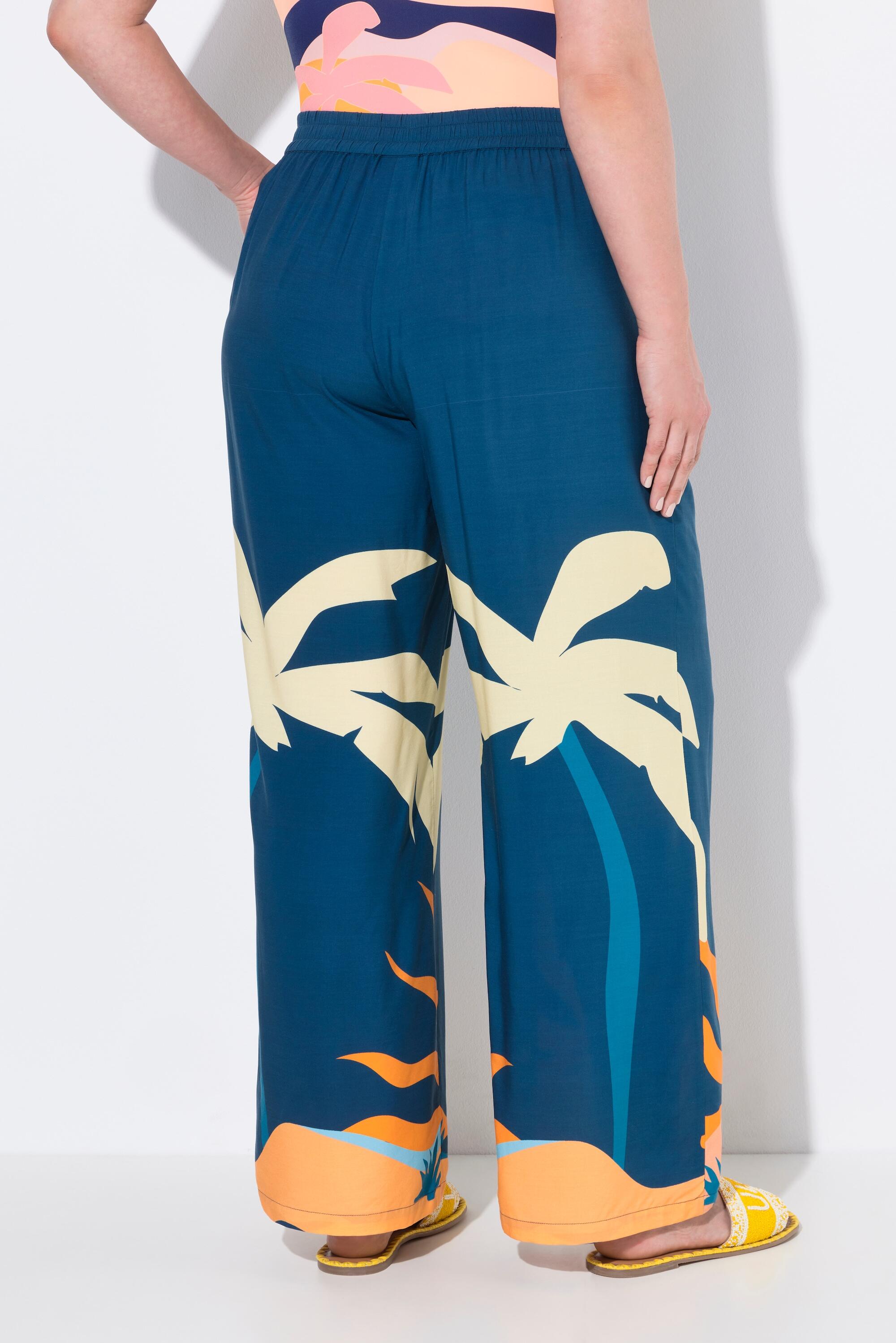 Femme Pantalon palazzo imprimé palmier/soleil. Jambe large et taille élastique 2/7