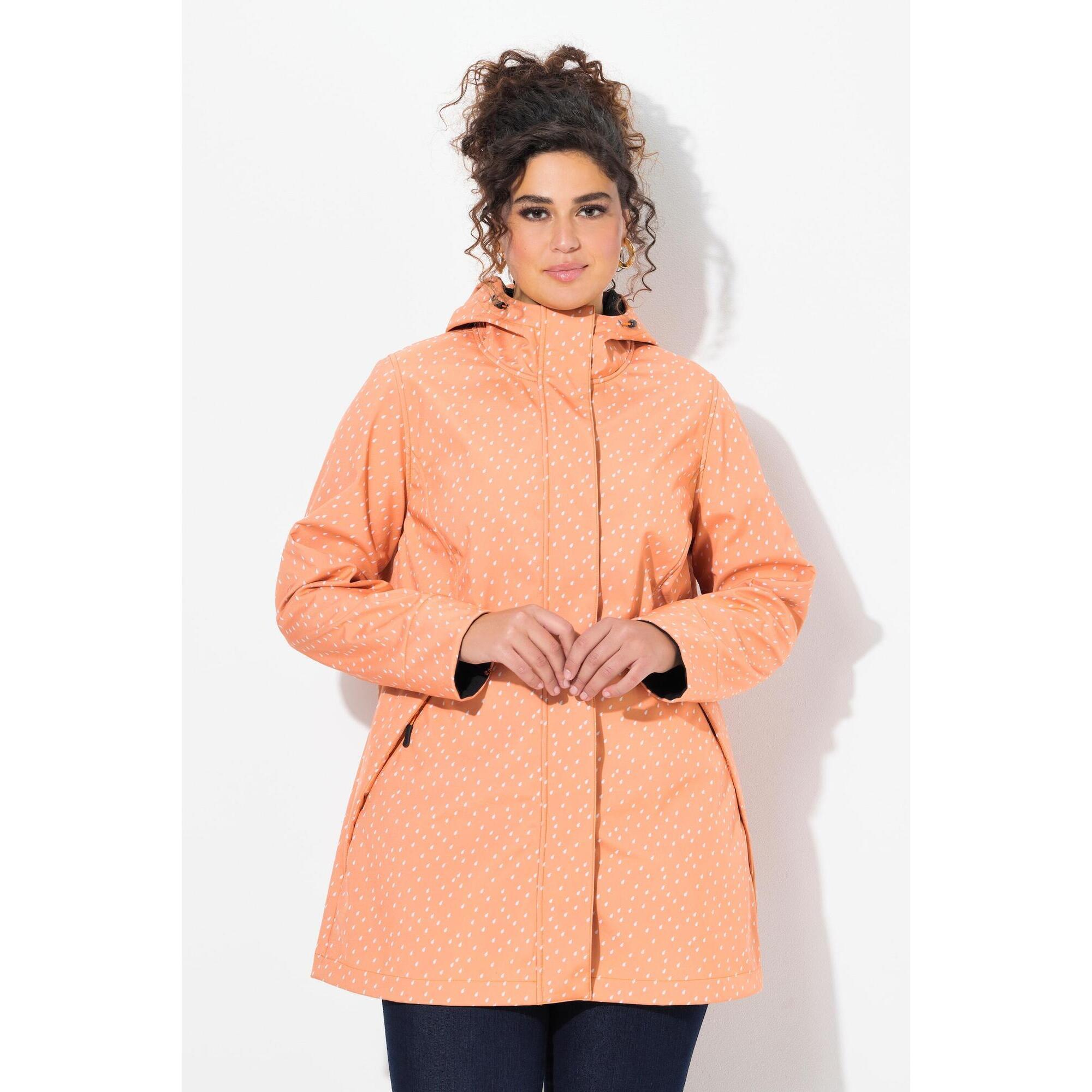 Ulla Popken - Femme Veste Longue Softshell Imperméable Avec Capuche Motif Gouttes De Pluie - Softshell - Orange - Decathlon