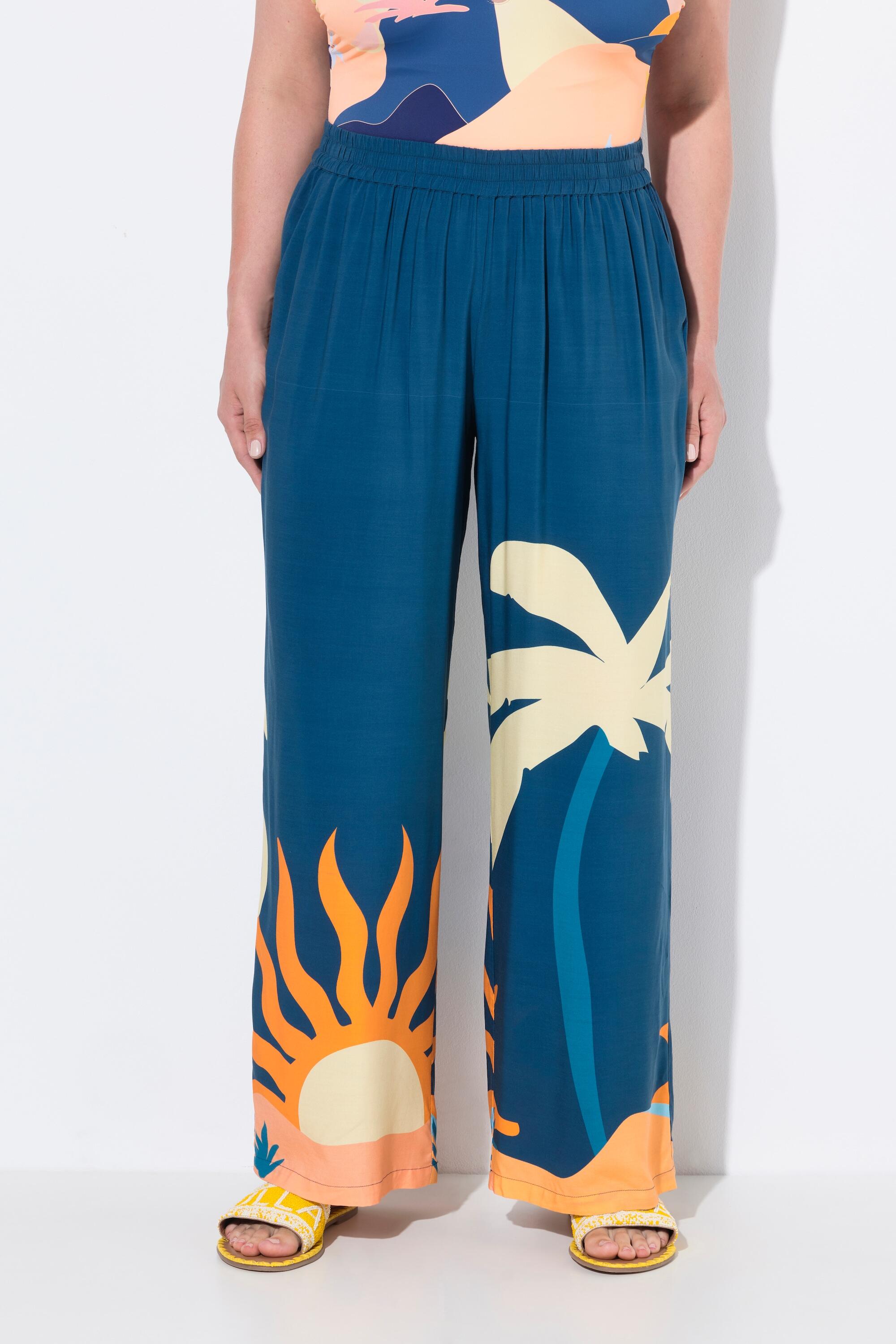 ULLA POPKEN Women's Palazzo Trousers Viscose Palm Print with Elastic Waist